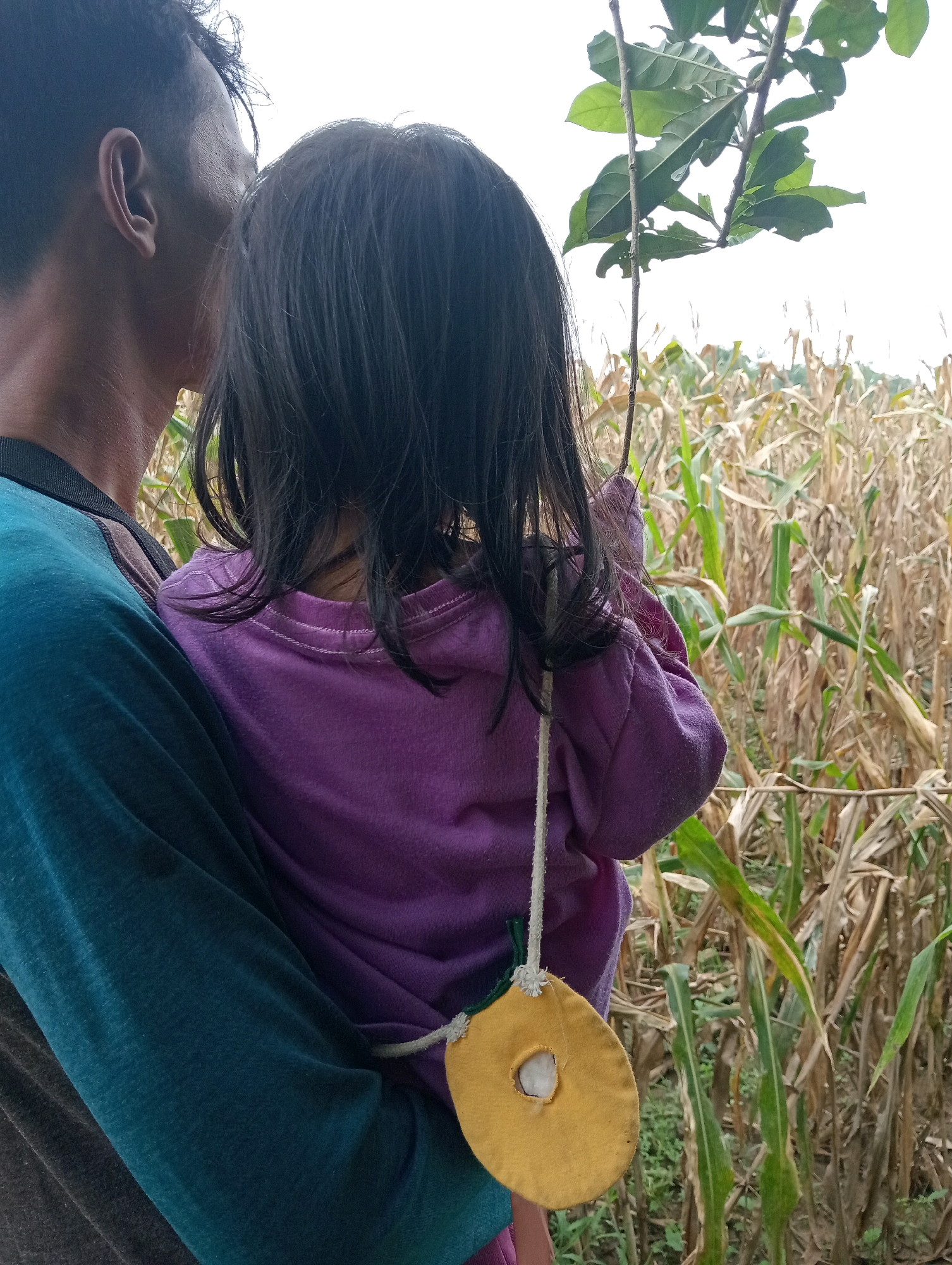 In Campago, Indonesia, a man is holding a young child in his arms. The man is wearing a teal t-shirt. The child is wearing a purple long-sleeved shirt and has dark hair. A yellow, circular object with a hole in the center and a white object inside is hanging from the child's shirt by a rope. They are standing in a field of tall, dry corn stalks, with some green leaves and branches of a tree visible in the upper part of the image. The sky is overcast.