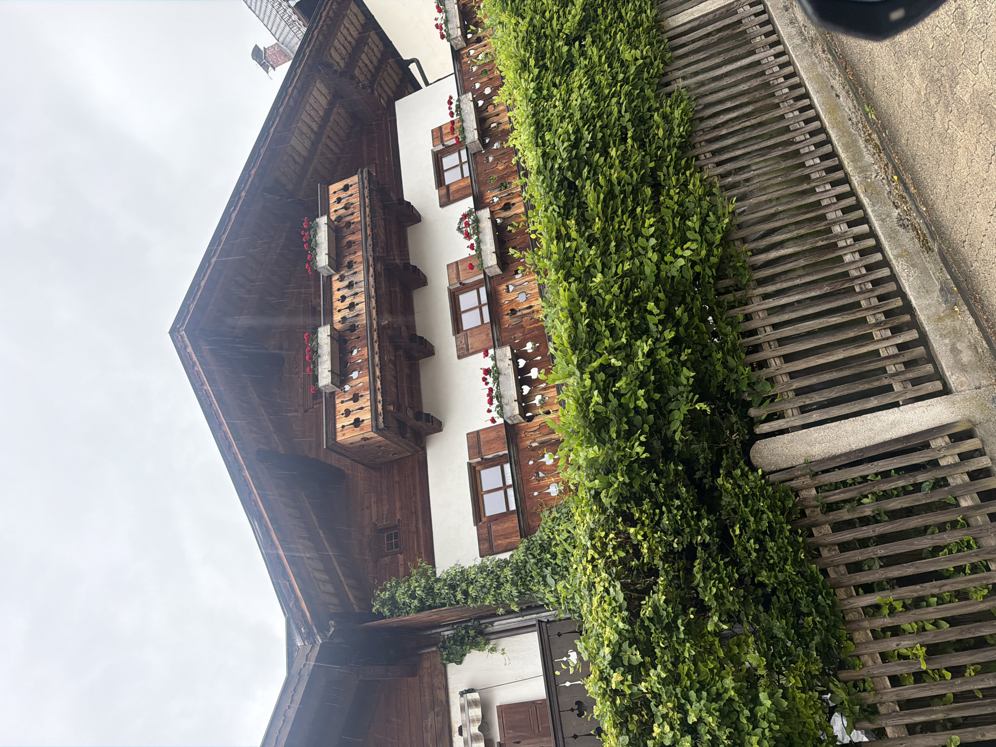 A low-angle view shows a traditional Alpine building in Unknown, Unknown, likely in the rain, evidenced by the streaks on the sky. The building's facade features dark wooden balconies with red flowers in planters, white walls, and wooden window shutters with decorative cutouts. A dense, green climbing plant covers a portion of the building's right side and continues along a wooden fence. The sky is overcast, and part of the concrete street or sidewalk is visible on the right.
