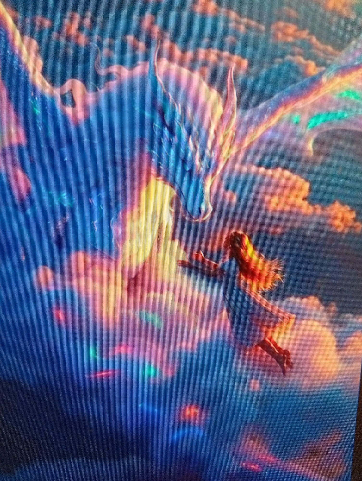 The image depicts a fantastical scene set among the clouds, where a young girl with long, flowing blonde hair, wearing a white dress, is levitating and reaching out towards a colossal white dragon. The dragon, also seemingly made of cloud-like material, is immense and majestic, with iridescent wings that catch the light in shades of blue, green, and pink. The sky is filled with vibrant clouds painted in hues of orange, pink, and blue, illuminated by scattered, colorful lights that resemble magical orbs. The overall atmosphere is ethereal and dreamlike, suggesting a moment of connection or encounter between the girl and the dragon in a celestial or mystical realm.