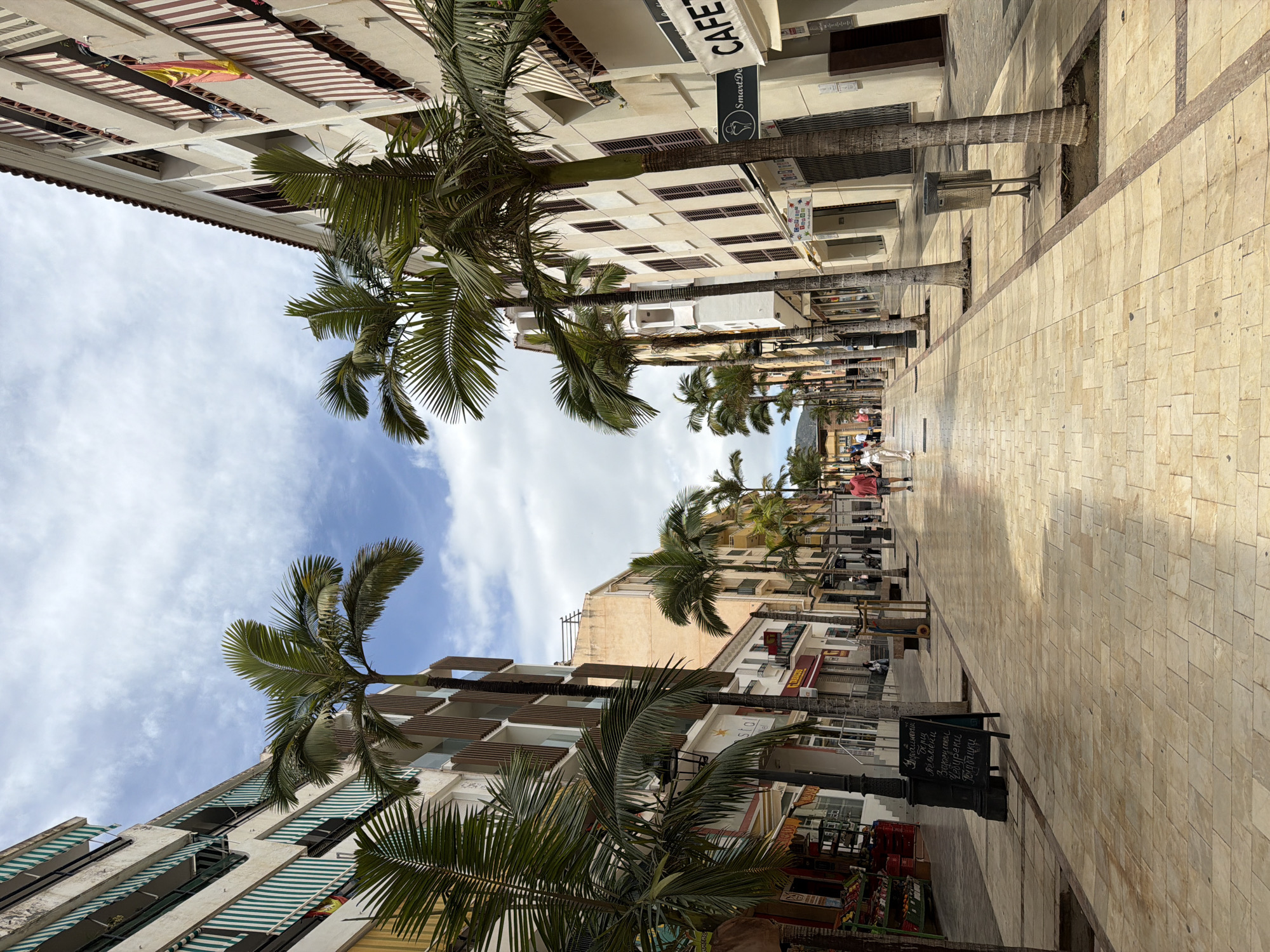 The image shows a street in Arroyo De La Miel-Benalmadena Costa, Spain, lined with palm trees and buildings. The perspective is skewed, looking up at the buildings and sky. The street is paved with light-colored rectangular stones. Palm trees line the street on both sides. Buildings of varying heights and architectural styles are present. Some buildings have awnings and balconies. People are seen walking in the distance. A sign with writing on it is near the lower right corner. The sky is visible between the buildings and palm trees, with blue patches and white clouds.