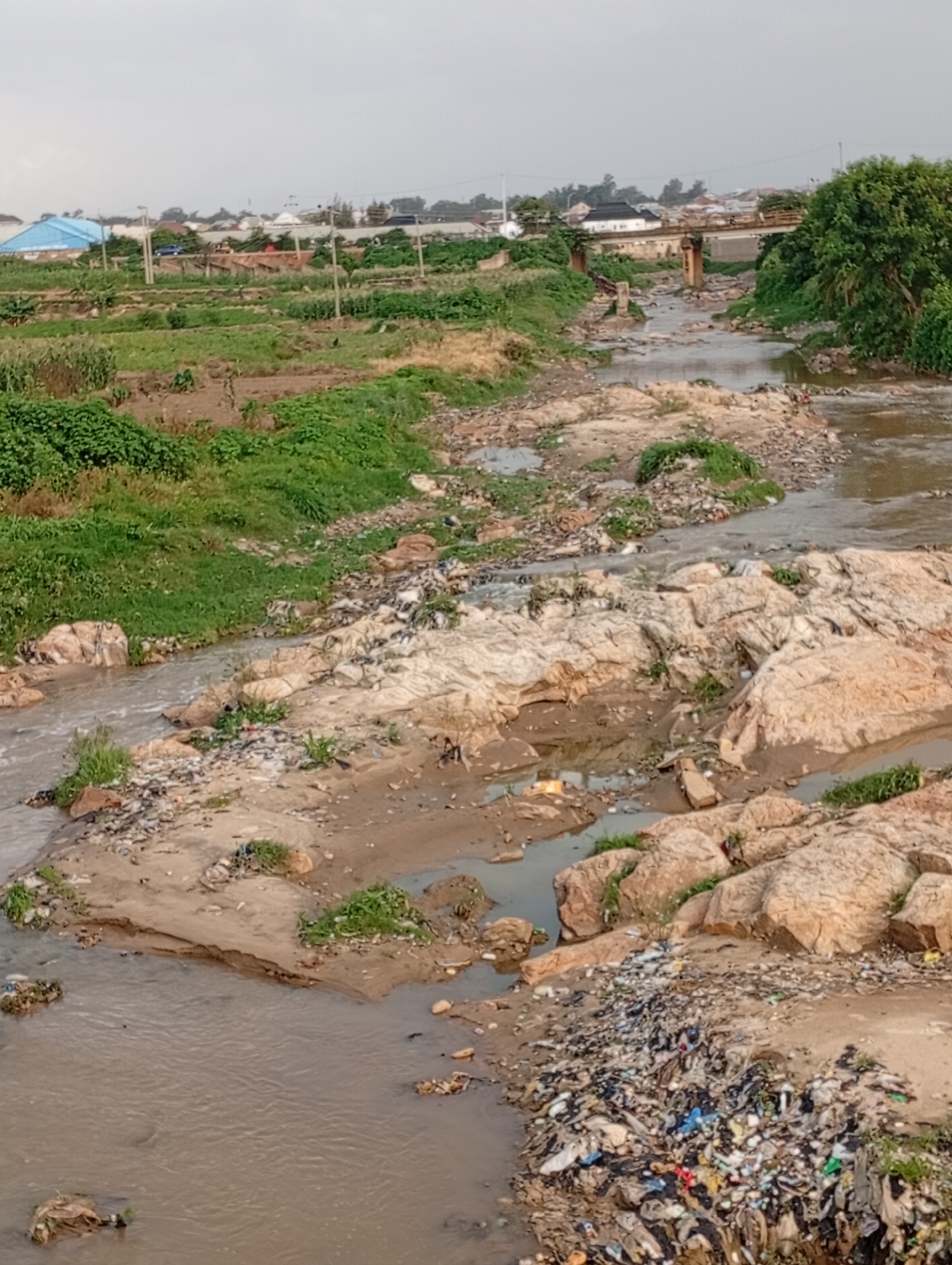 The image depicts a polluted riverbank in Jos, Nigeria. The river is shallow and muddy, with rocks and debris scattered along its course. The banks are laden with an extensive amount of garbage, including plastic bags, bottles, and other refuse, indicating a severe waste disposal problem. In the background, there are signs of urban development with buildings and a bridge spanning the river. Green vegetation, including trees and shrubs, attempts to grow amidst the pollution, contrasting with the otherwise desolate scene.
