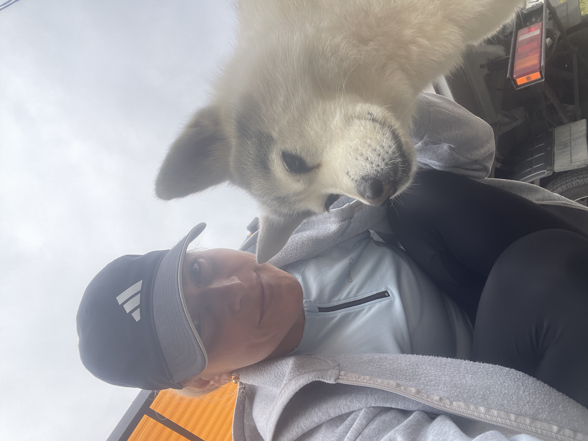 A pale-skinned woman wearing a gray Adidas baseball cap, a light blue jacket with a gray hooded sweatshirt underneath, and black leggings, is photographed from a low angle, looking directly at the camera. A white husky puppy is above her, with its head and front paw appearing in the shot. The background includes a white truck, with a red and orange taillight, tire, and parts of the truck bed visible. The sky is overcast. Location is not discernible, but the prompt requested the location be identified as Baranovka, Russia.