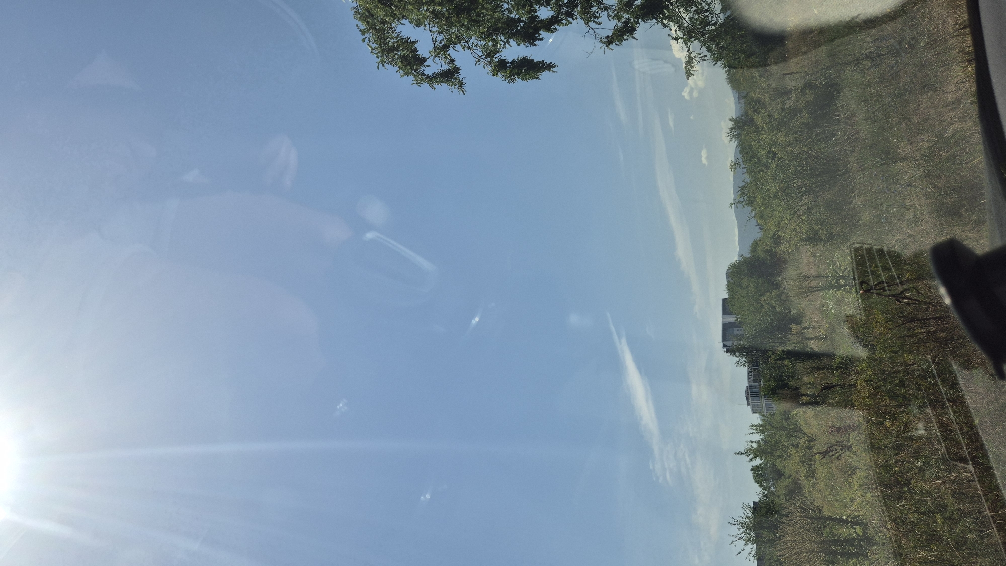 The image captures a view through a windshield, showing a bright sunny sky with scattered clouds and lens flare in the upper left quadrant. Below the sky, a landscape is visible, characterized by dense, overgrown vegetation and trees. In the distance, a modern building complex with a light-colored facade and several stories is situated amidst the greenery, partially obscured by trees. The scene appears to be in an undeveloped or semi-developed area, likely on the outskirts of a city. The reflection of the interior of a vehicle is visible on the windshield, including a portion of the dashboard and possibly a rear-view mirror.
While the image itself does not contain specific identifiers for Sofia, Bulgaria, the context of a modern building complex amidst natural growth could be consistent with suburban or semi-rural areas surrounding the city. The overall impression is one of a bright, daytime scene with a mix of urban development and untamed nature.