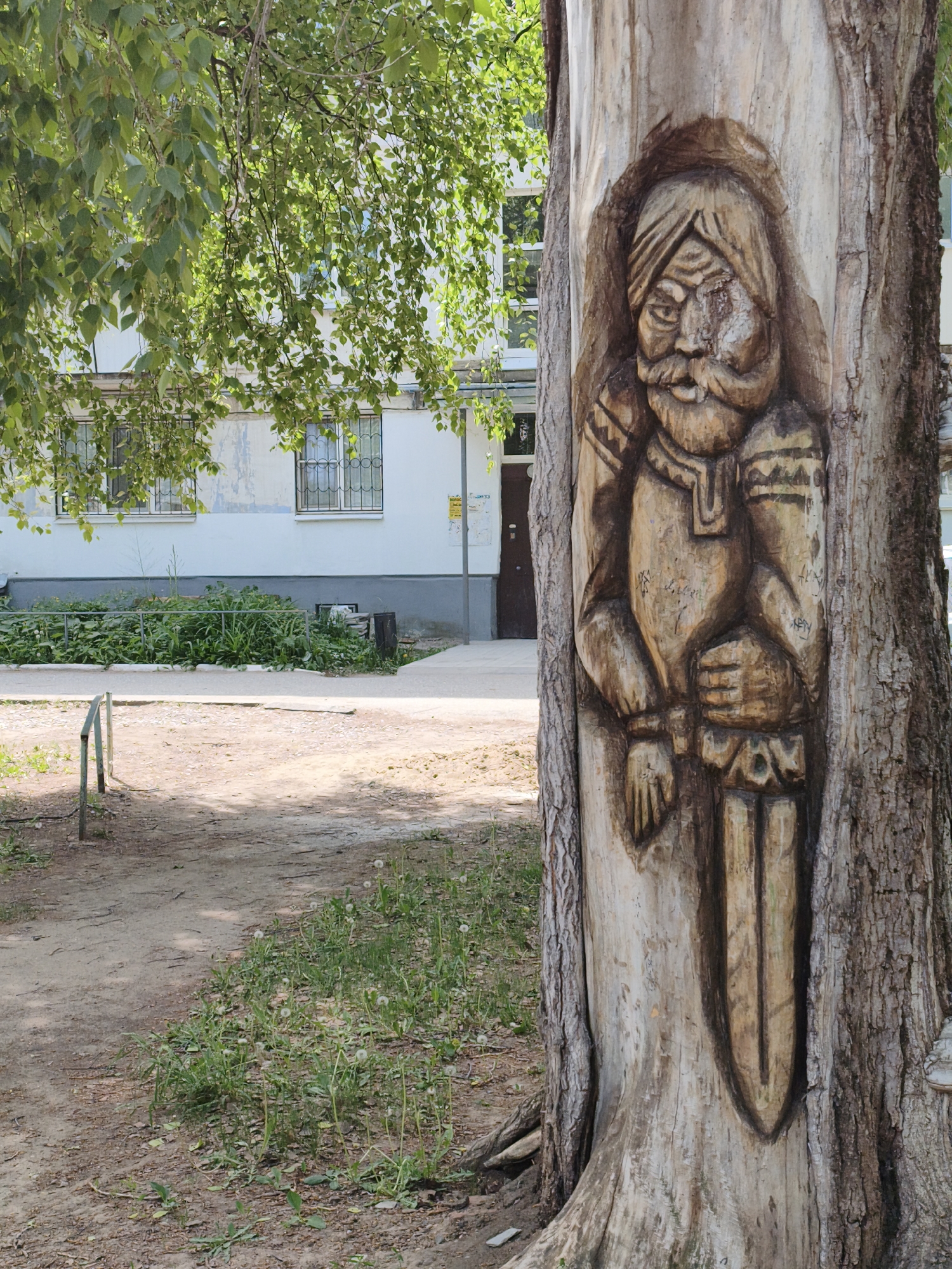 The image captures a tree carving in an outdoor urban setting. A detailed wooden carving of a man with a beard, moustache, and a turban-like head covering is embedded into the trunk of the tree. The carving depicts him holding a sword. Behind the tree, there is a two-story building with windows and a dark-colored door visible. Lush green trees overhang the building and the tree with the carving. The ground is a mix of dirt and grass, with some weeds scattered throughout. A simple metal barrier is present near the building. This scene is in Chaikovsky, Russia.