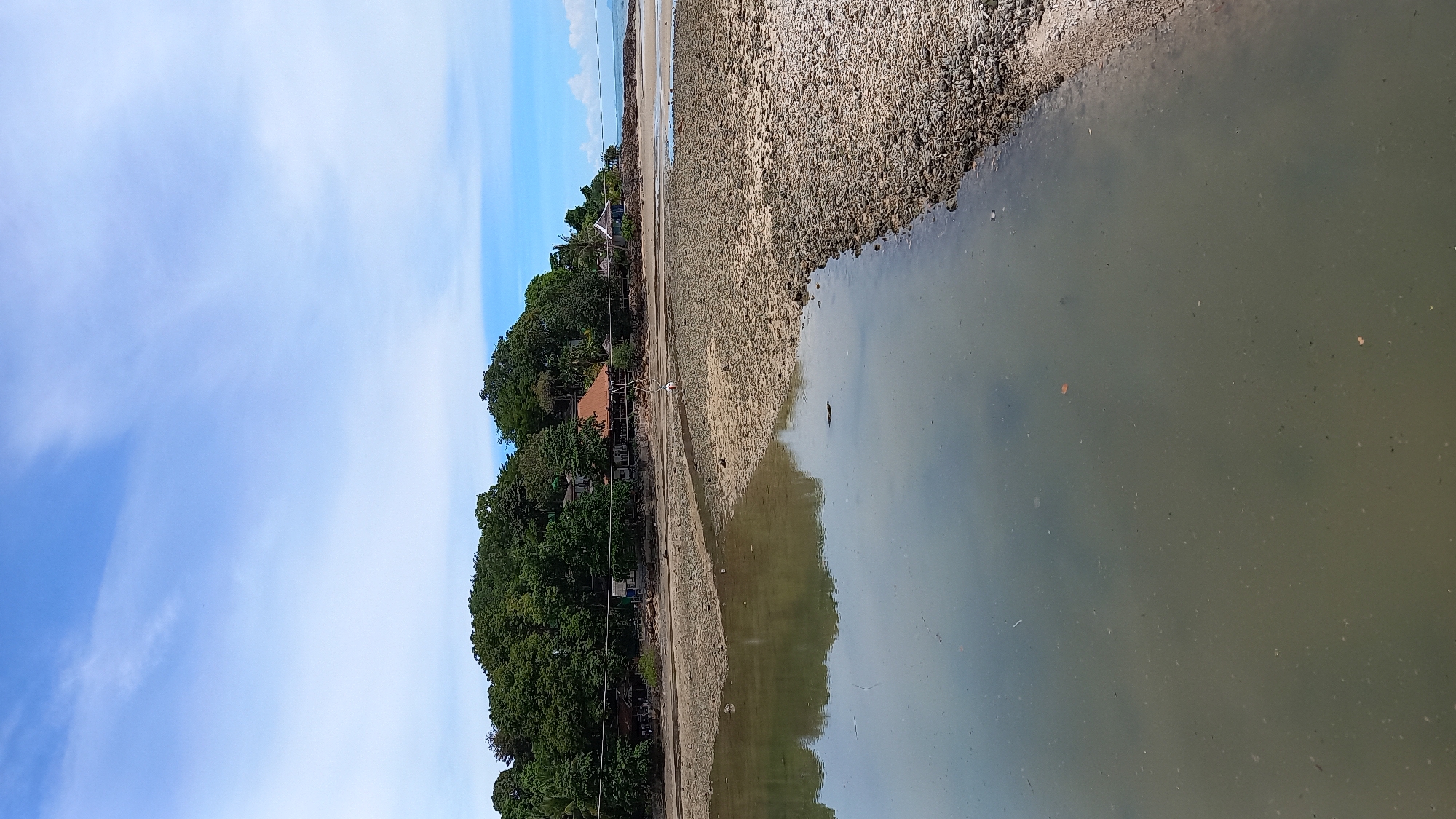 A vertical, eye-level, wide shot captures a shallow body of water reflecting a sky with wispy white clouds against a bright blue backdrop. The water, which occupies the left half of the frame, is murky and shows a light brown reflection of the sky. The right half of the frame shows a dry, rocky shoreline covered in pebbles and sand. In the distance, a lush green hillside is densely covered with trees and dotted with several buildings, including a structure with a reddish-brown roof and smaller houses. A few power lines are visible running horizontally across the scene in front of the trees. A lone, small white object, possibly a bird or a piece of debris, is located on the dry shore. The overall environment suggests a coastal area, likely in a tropical region given the vegetation. The location is specified as Tambon Ko Phangan, Thailand.