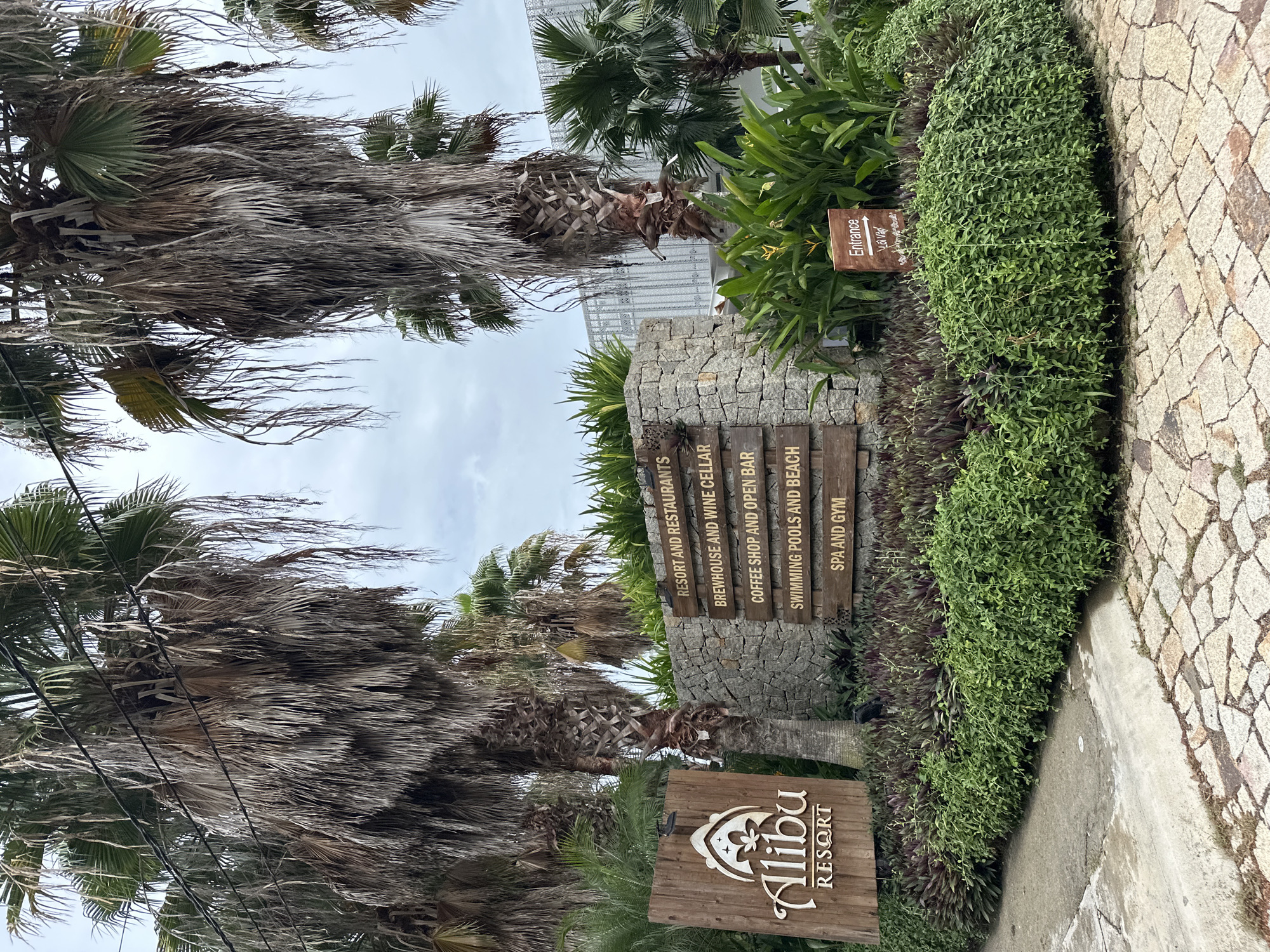 The image depicts the entrance of the Alibu Resort, located in Bac Nha Trang Ward, Vietnam. The sign prominently displays the resort's name and logo, set against a backdrop of palm trees and a stone wall with additional signs indicating the resort's amenities, including restaurants, a brewhouse and wine cellar, a coffee shop, swimming pools and beach, and a spa and gym. A smaller sign directs visitors to the entrance, written in both English and Vietnamese. The scene is characterized by lush greenery and a paved walkway.