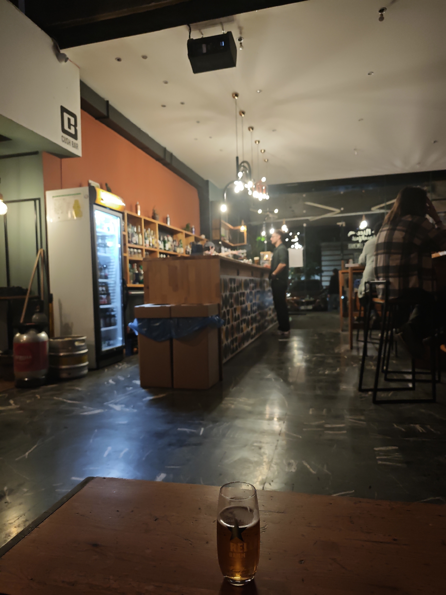 A dimly lit interior of a bar, likely in Sofia, Bulgaria, given the "CUSH BAR" sign visible. The perspective is from a table with a partially consumed glass of beer in the foreground. Behind the table, the scene opens up to the bar area with a long counter and several patrons. A bartender stands behind the counter. A refrigerator filled with beverages is visible behind the bar. Lighting is a mix of overhead fixtures and ambient glow. The floor has a marble-like pattern. Customers sit at tables in the background.