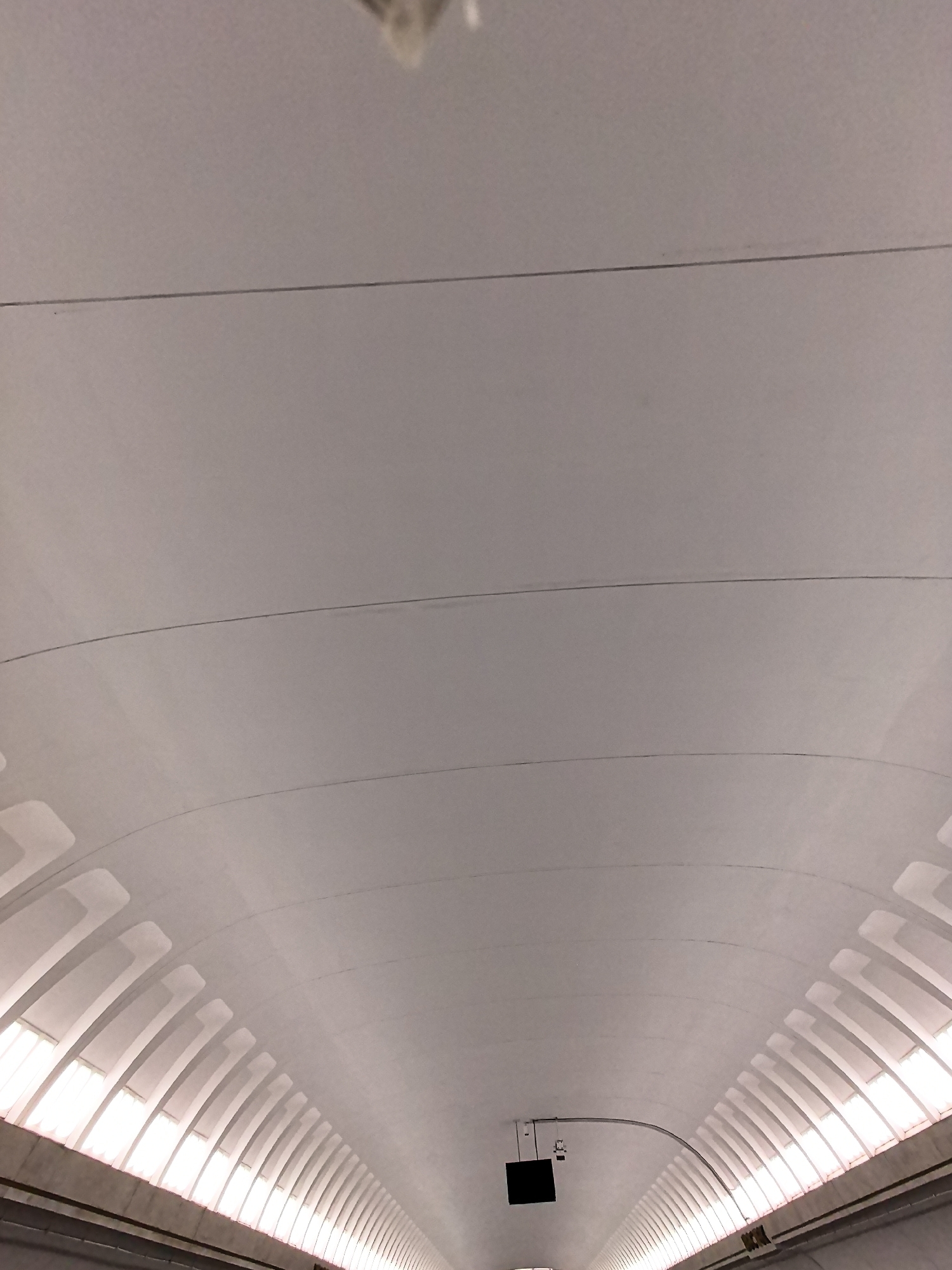 This media file is a low-angle, wide shot of a subway station ceiling, likely taken from a train platform looking down the tunnel. The subject is the architecture of the station, characterized by a smooth, arched, white ceiling. There are multiple parallel, thin, dark lines that appear to be wires or structural elements stretching across the ceiling. Along the sides of the tunnel, rows of evenly spaced, brightly lit rectangular light fixtures are visible, recessed into the ceiling structure. These lights create a repeating pattern of illumination that recedes into the distance, suggesting a long and deep tunnel. In the center of the frame, closer to the viewer, a dark, rectangular screen or sign is suspended from a curved metal arm. The lighting is artificial and bright, emanating from the side fixtures and the central screen. The overall impression is one of sterile, modern, and functional public infrastructure. There is no visible text. The time of day is indeterminate due to the artificial lighting. No weather conditions are evident. The location is likely an underground subway or train station. The scene evokes a sense of transit and anonymity, common in such urban environments.