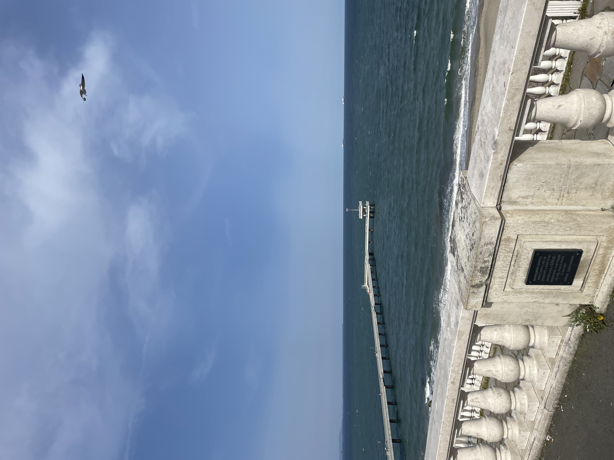 The image shows a vertical view of the Burgas pier in Burgas, Bulgaria, taken on a bright day. The sky is partially cloudy, with a single bird flying. A long pier extends into the sea. On the right side of the image is a concrete structure with balusters and a plaque. A few plants are growing nearby. The sea is slightly choppy with small waves.