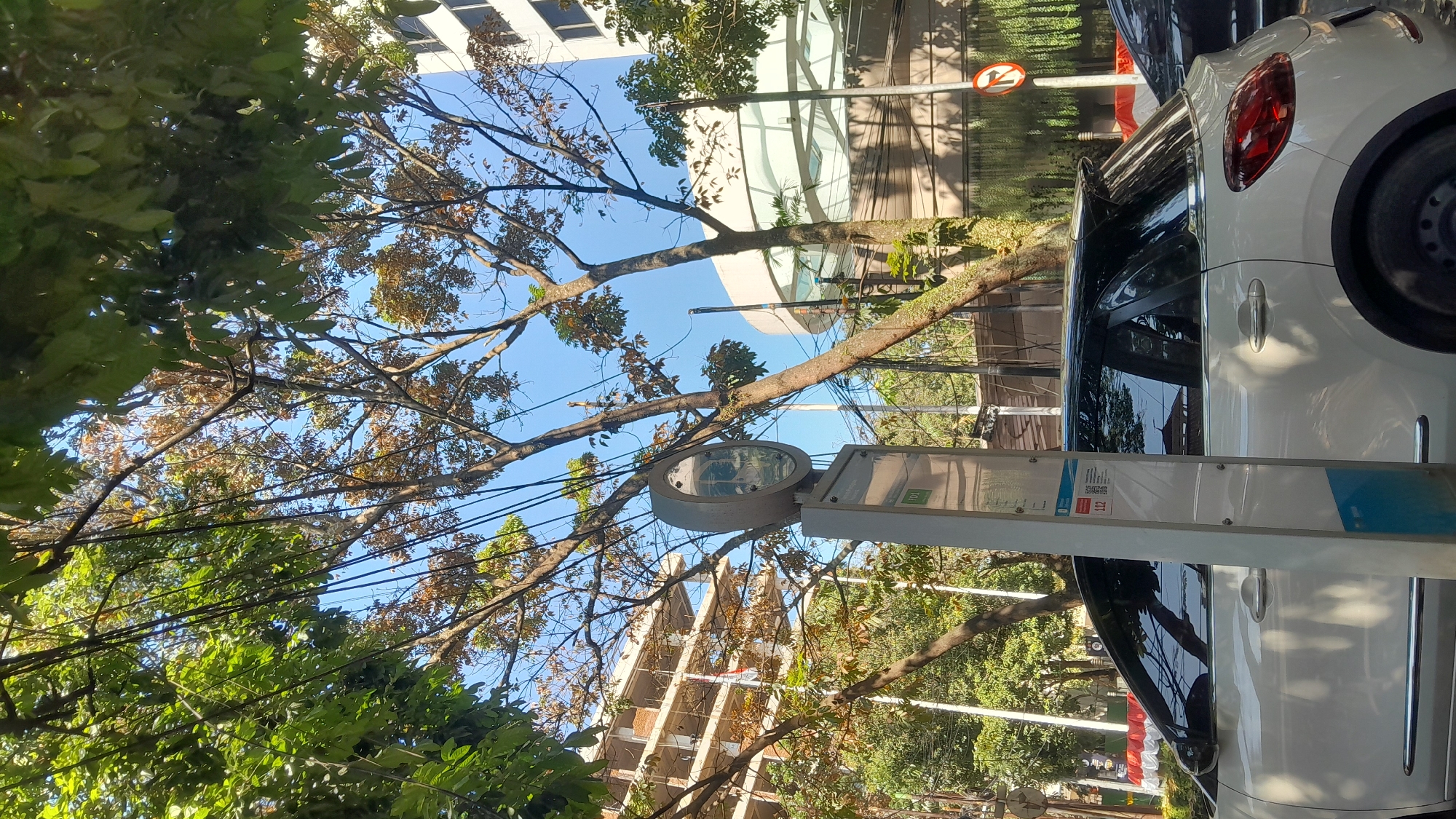 The image captures a street scene in Bandung City, Indonesia, likely on a sunny day. In the foreground, a white car is parked on the right side of the road, partially obscuring a bus stop sign. The bus stop sign is a tall, slender pole with a circular clock-like display at the top and informational panels below. Some of the text on the panels is visible, including the number "112".
Behind the car and bus stop, a modern building with multiple floors under construction is visible on the left. Further to the right, another building with a curved, white facade and glass elements is present. The environment is lush with trees, their branches and leaves creating a canopy over the street and filtering the sunlight. Electrical wires are strung between trees and poles. A red and white flag, possibly the Indonesian flag, is draped along a low wall or railing on the left side of the image. A traffic sign indicating "no right turn" is visible on the right. No people are clearly visible in the frame. The overall impression is one of an urban environment integrated with nature, characteristic of many parts of Bandung.