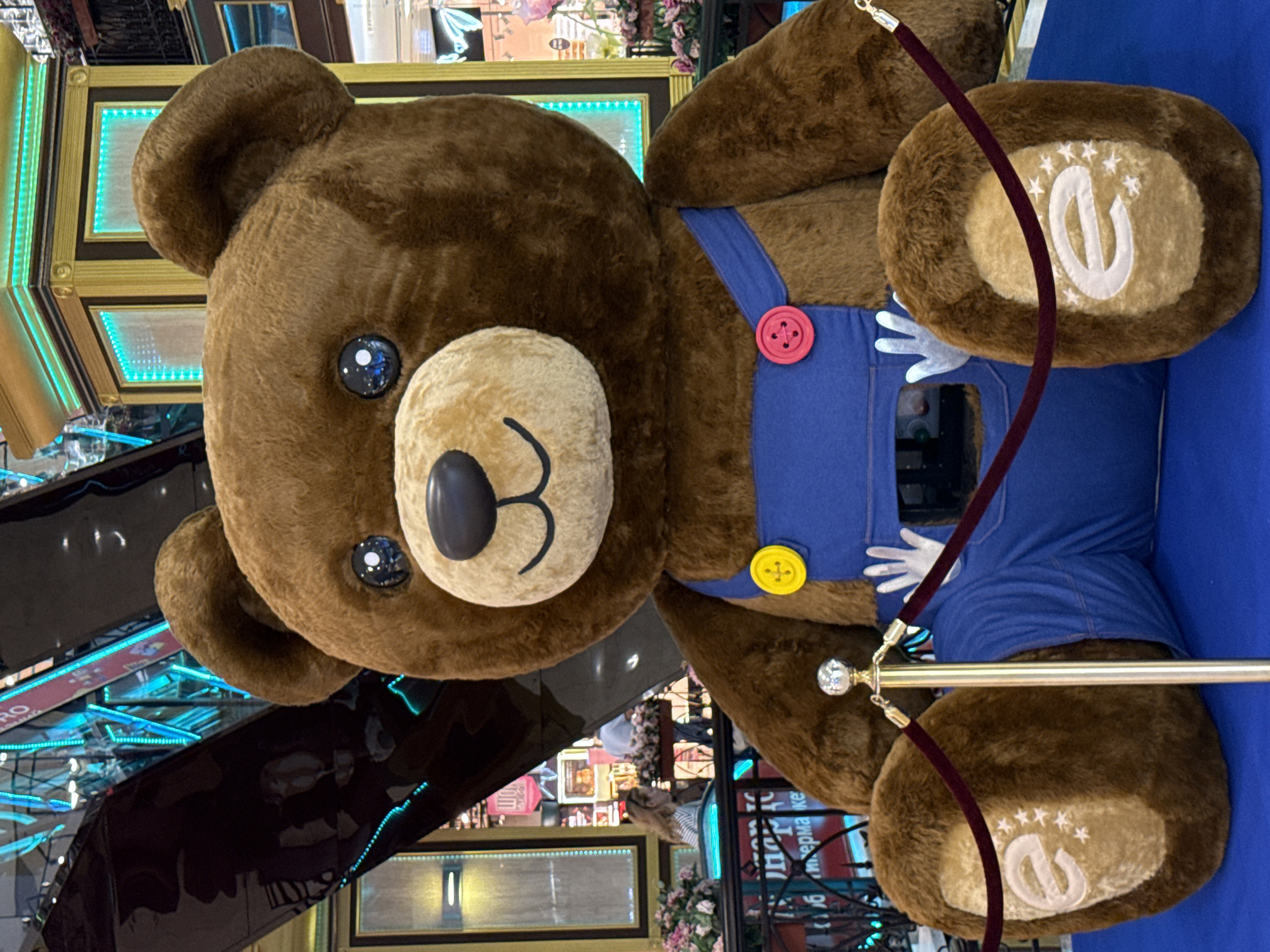 A large, plush, brown teddy bear with blue overalls, yellow and red buttons, and white hands is seated in front of a velvet rope barrier. The bear's paws are embroidered with a white "e" and stars. In the background, a shopping mall interior is visible, with escalators, bright lights, and displays. A woman is seated at a table in the middle ground. The scene appears to be located in Moscow, Russia.