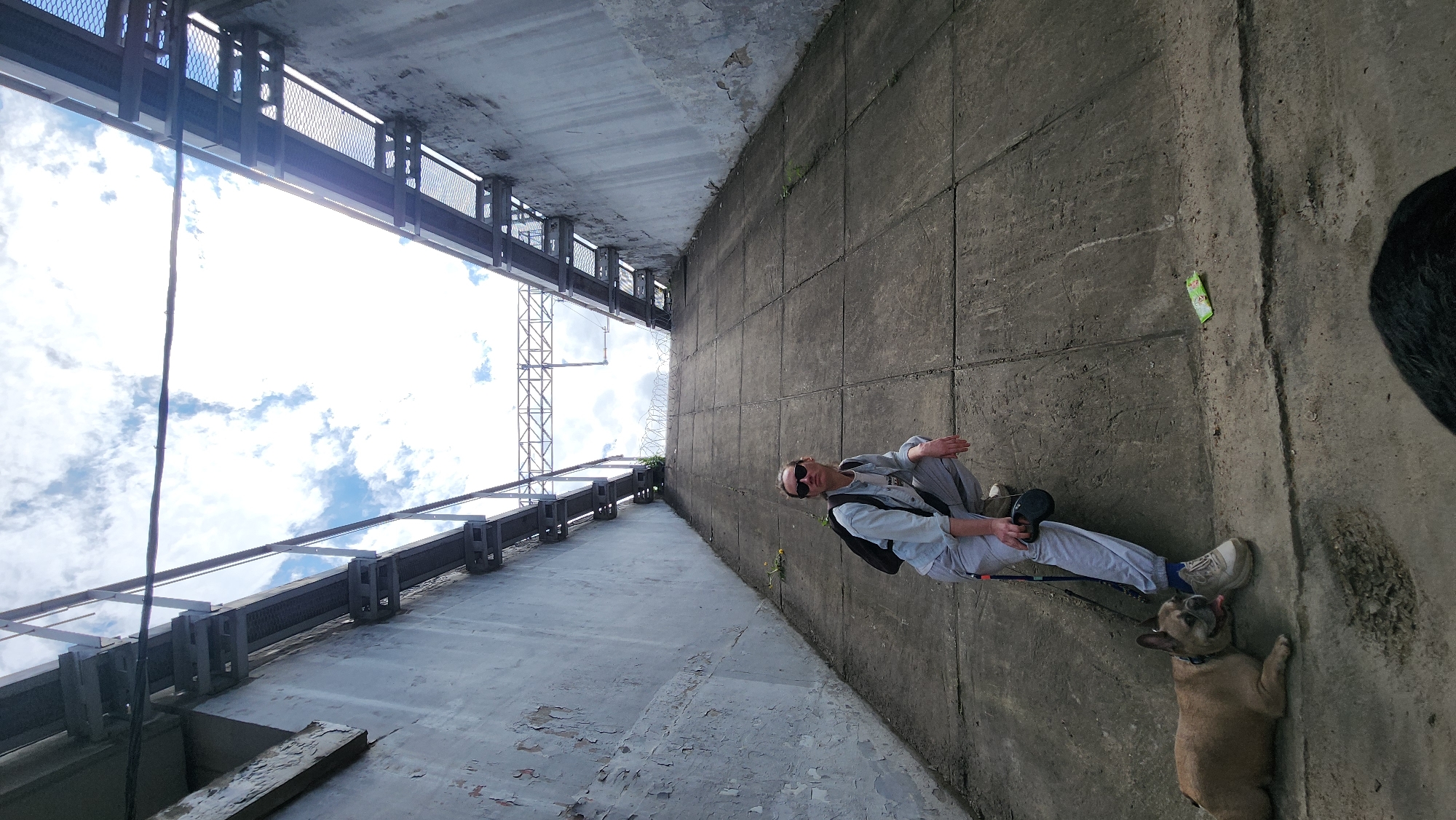 A low-angle photograph depicts a man in light-colored clothing and sunglasses sitting on a concrete surface with a fawn-colored French Bulldog near him. He is positioned against a tall concrete wall, with a structure appearing to be a bridge or elevated walkway overhead, which has metal railings and supports. The sky with scattered clouds is visible above the structure. The wall shows signs of wear, and some greenery sprouts from the edges. The person appears to be holding a leash, and there is a dark-colored dog, partially visible, to the right of the man. The setting suggests an urban or industrial area. The location is Khimki, Russia.