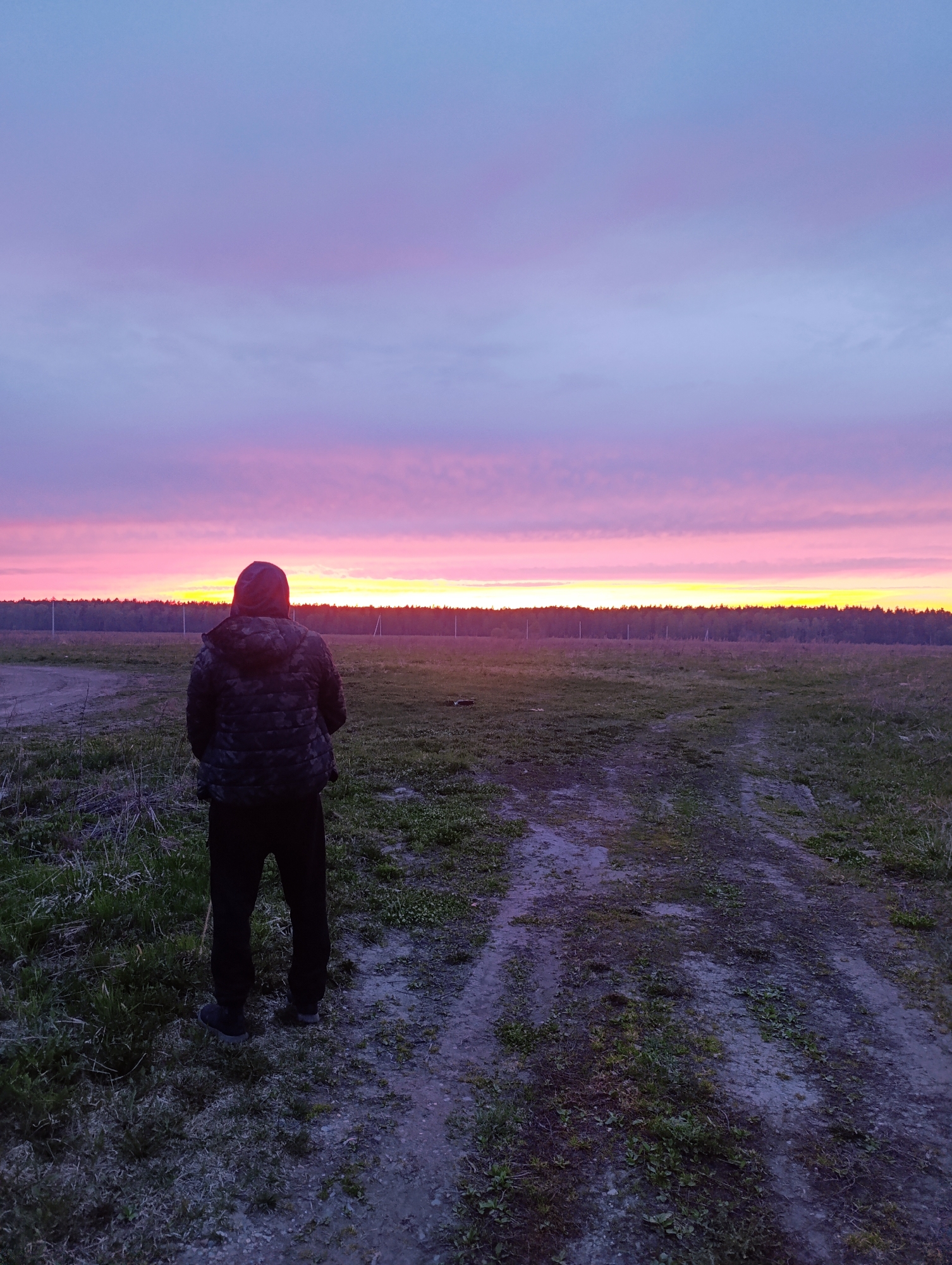 A person is standing on a dirt road in a field, facing away from the viewer, towards a distant treeline silhouetted against a vibrant, colorful sunset sky. The person is wearing a dark, hooded jacket and dark pants. The field is overgrown with grass and weeds. The sunset displays hues of pink, purple, and orange. The location is not specified.