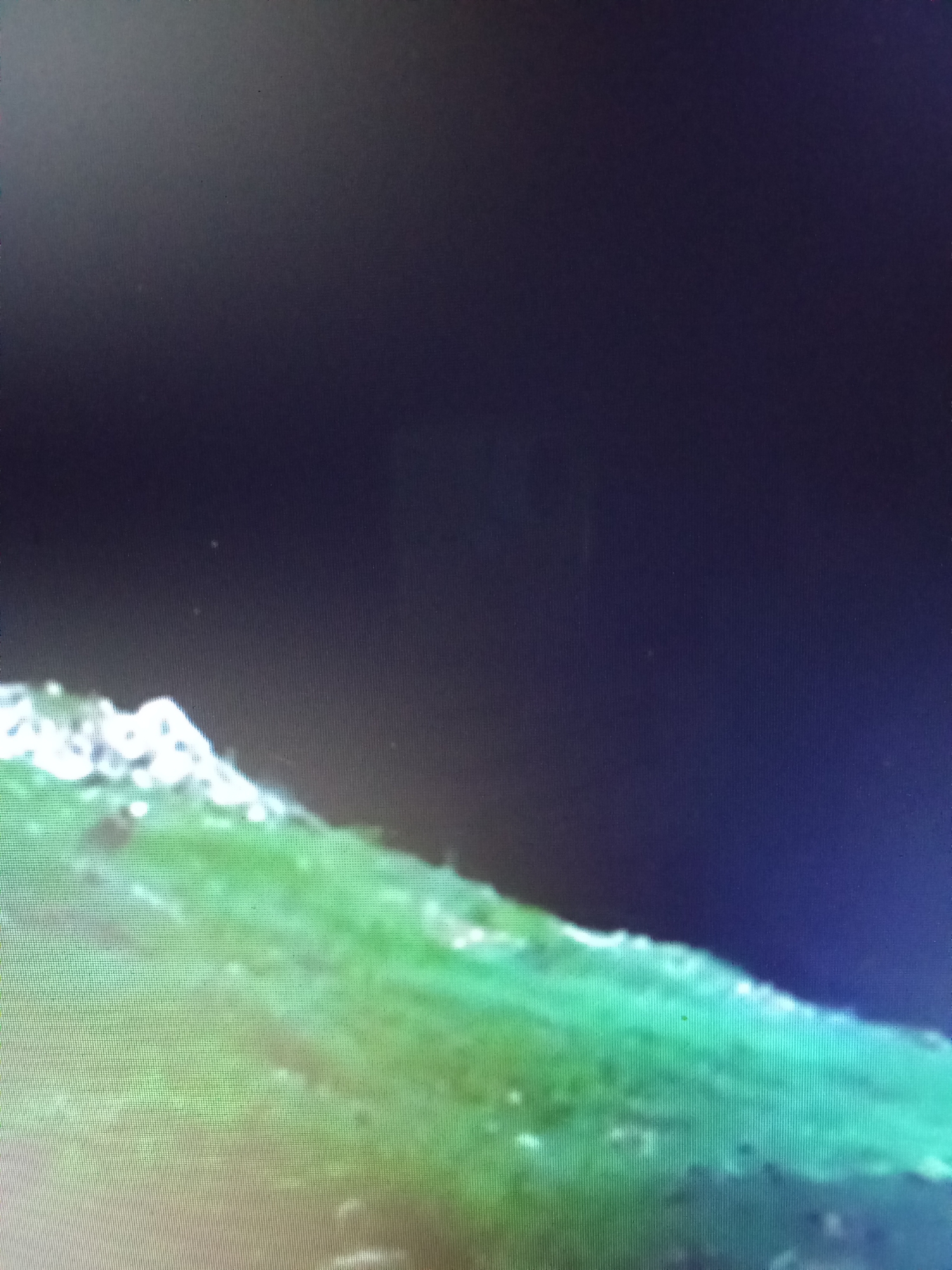 The image shows a close-up, low-resolution view of a bright green, textured surface against a dark blue background. The green surface appears to have a rough, uneven texture with lighter white or yellow patches along its edge, possibly indicating highlights or a different material. The dark blue background is mostly featureless, with subtle gradients and a few faint, small white specks that could be dust or noise. The image is highly pixelated, suggesting it was taken with a low-quality camera or zoomed in significantly. There is no discernible information about a specific location in Рощин ауылдық округі, Kazakhstan, as the scene is abstract and lacks any recognizable landmarks or context.