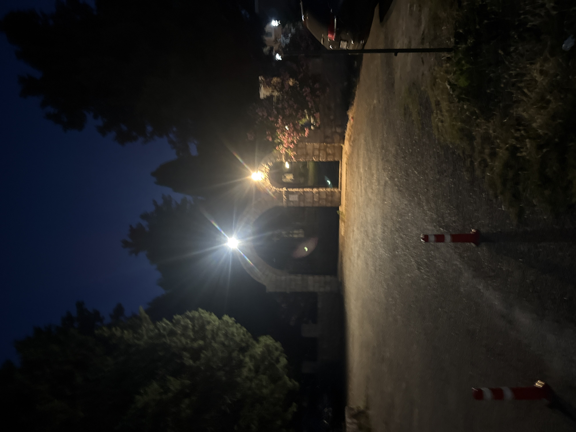 The image depicts an outdoor scene at night, possibly in the city of Boreti, Montenegro, characterized by an arched stone gateway illuminated by overhead lights. The gateway appears to be part of a pathway or entrance, framed by trees on either side. In the foreground, two red and white striped traffic cones are visible on a paved surface, suggesting a road or parking area. To the right, a dark-colored vehicle is partially visible, parked near the gateway. The environment is dimly lit, with strong light sources creating lens flares and a general nocturnal ambiance. The sky is a deep blue, indicating it is after sunset. The overall impression is one of a quiet, possibly secluded, entrance at night.