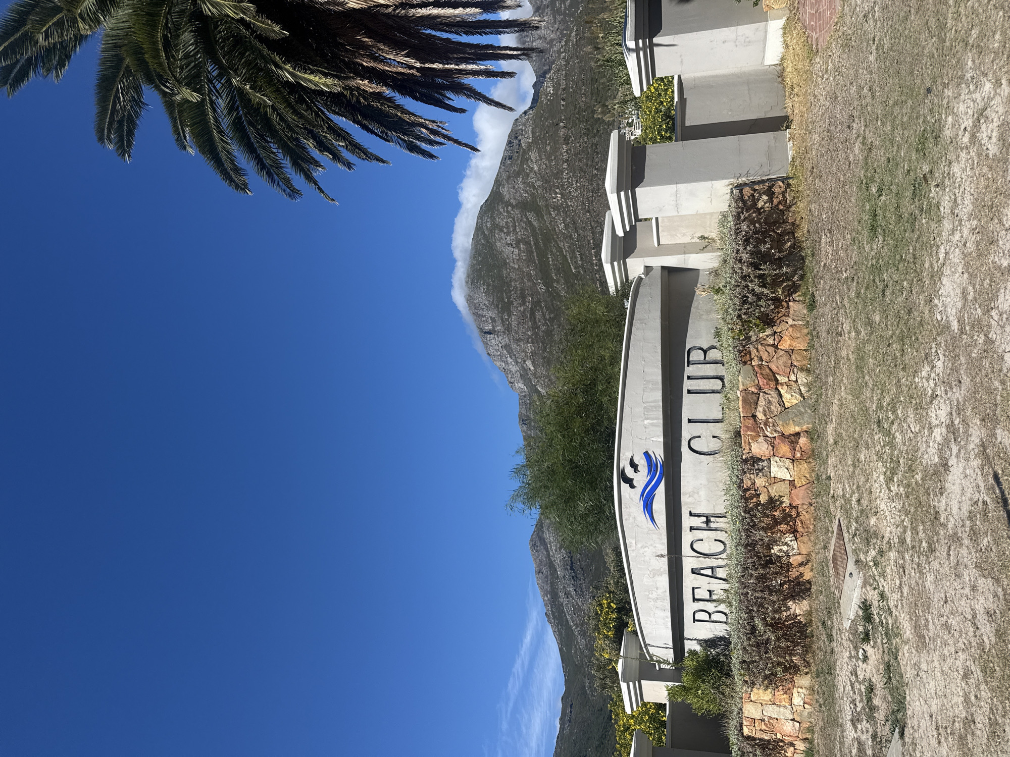 The image shows the entrance sign for "Beach Club" in Hout Bay, South Africa. The sign is white with the words "Beach Club" written vertically in black. There are two blue wave-like designs above the text. The sign is placed on a wall made of stacked brown and orange stones, with some greenery growing around it. Behind the sign, there is a mountain range partially covered in clouds. In the foreground, there is dry, grassy ground. The top left corner of the image contains the fronds of a palm tree against a clear blue sky.