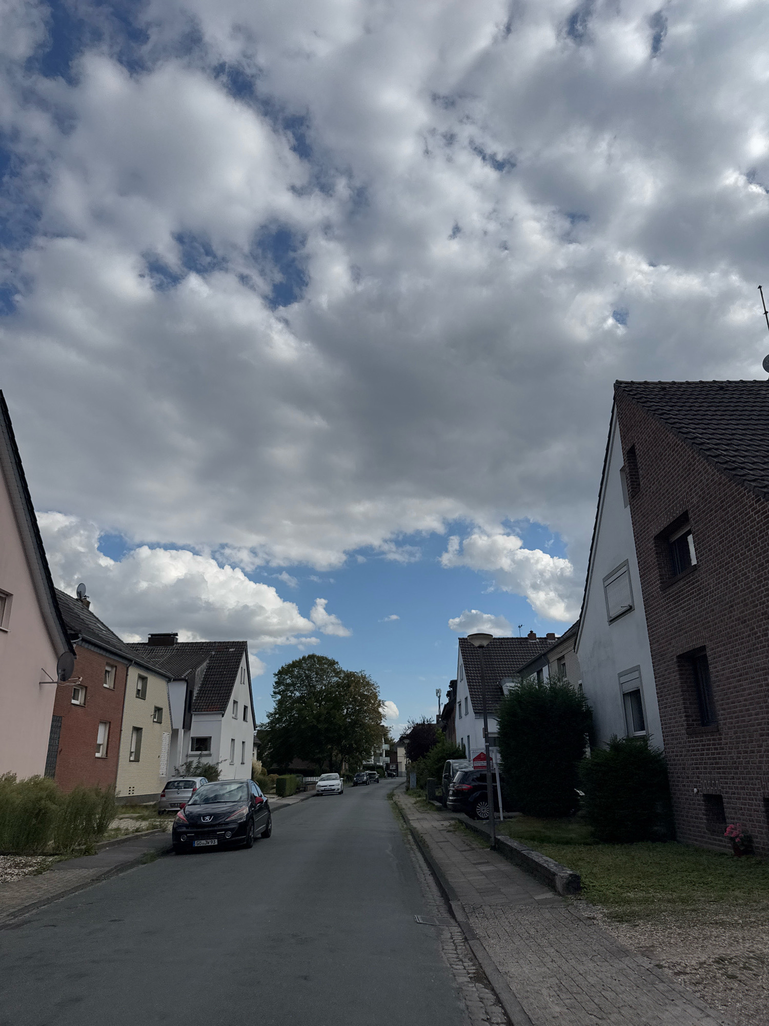 The image depicts a street scene in the city of Cleves, Germany, under a partly cloudy sky. The perspective looks down a paved residential street lined with houses and parked cars. On the left side of the street, houses with pink and brick facades are visible, with some vegetation in front. On the right side, houses with white and brick facades, some with tiled roofs, are also present, bordered by green bushes and grass. Several cars are parked along the street, including a dark-colored hatchback in the foreground on the left, and other vehicles further down the road. A sidewalk runs along the right side of the street. The overall impression is of a quiet suburban environment.