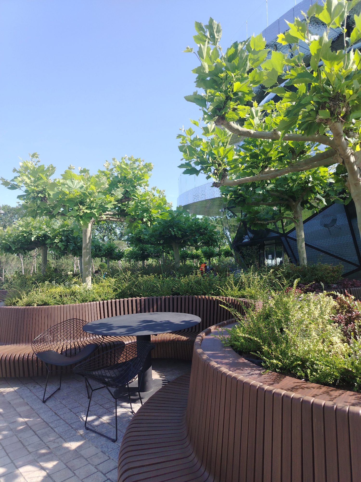 The image depicts an outdoor seating area with a modern design. In the foreground, there is a curved, slatted brown bench with a dark round table and two black wire-frame chairs placed on a tiled ground. Behind the seating area, a variety of lush green trees and bushes are visible. In the background, a contemporary building with a reflective, angular facade is partially obscured by the foliage. The sky is clear and blue. A person wearing an orange shirt can be seen in the middle distance, near the building. The scene suggests a public space, possibly a park or a commercial area. The location is identified as the city of Krasnodar, Russia.