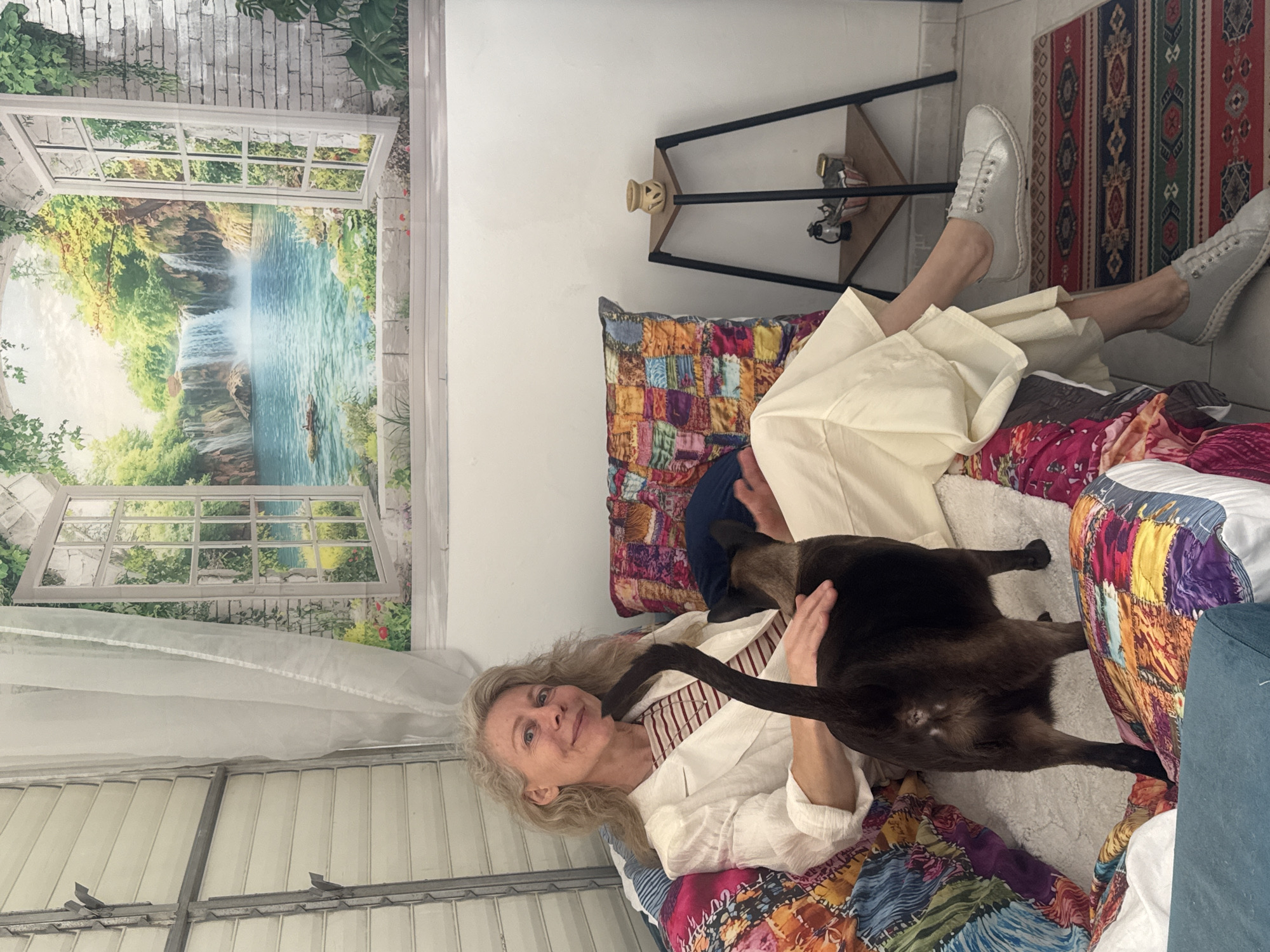 A woman is lying on a bed or couch, interacting with a dark brown cat. She has long, light-colored hair and is wearing a light-colored shirt. The cat is positioned on her torso, obscuring some of her clothing. The setting appears to be an indoor space in Ramat Gan, Israel, judging by the interior décor which includes a wall mural depicting a window view with a waterfall scene. The room also features a patchwork quilt or blanket covering the bed/couch. There is a small table with objects on it, along with a patterned rug on the floor. The woman is looking towards the camera, engaging with the cat.