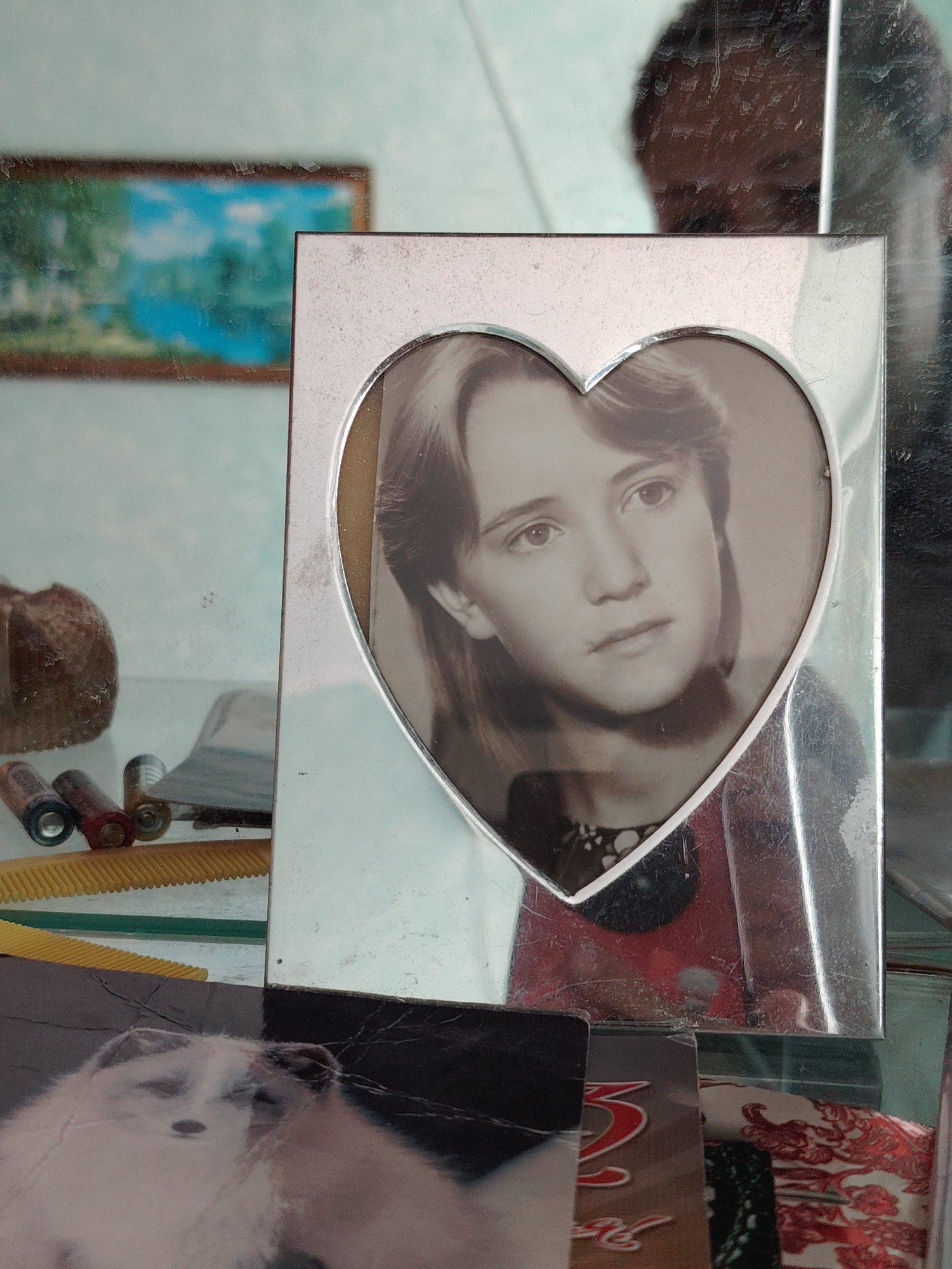 In the city of Volnoye, Russia, a framed photograph sits on a surface, likely a shelf or table. The photograph itself is heart-shaped and features a black and white portrait of a young person with shoulder-length hair, looking directly at the viewer. The frame is metallic and appears to be silver or chrome, with a slightly aged appearance. To the left of the frame, a blurry landscape painting is visible, depicting trees and a body of water under a blue sky. In the foreground, scattered on the surface below the photograph, are several objects: two batteries, a small brown object that might be a piece of wood or stone, and a yellow comb. Further in the foreground, partially obscured, are what appear to be other photographs or printed materials. The overall scene suggests a domestic setting, perhaps a home or a room where personal mementos are displayed. The lighting is somewhat diffused, casting soft shadows.