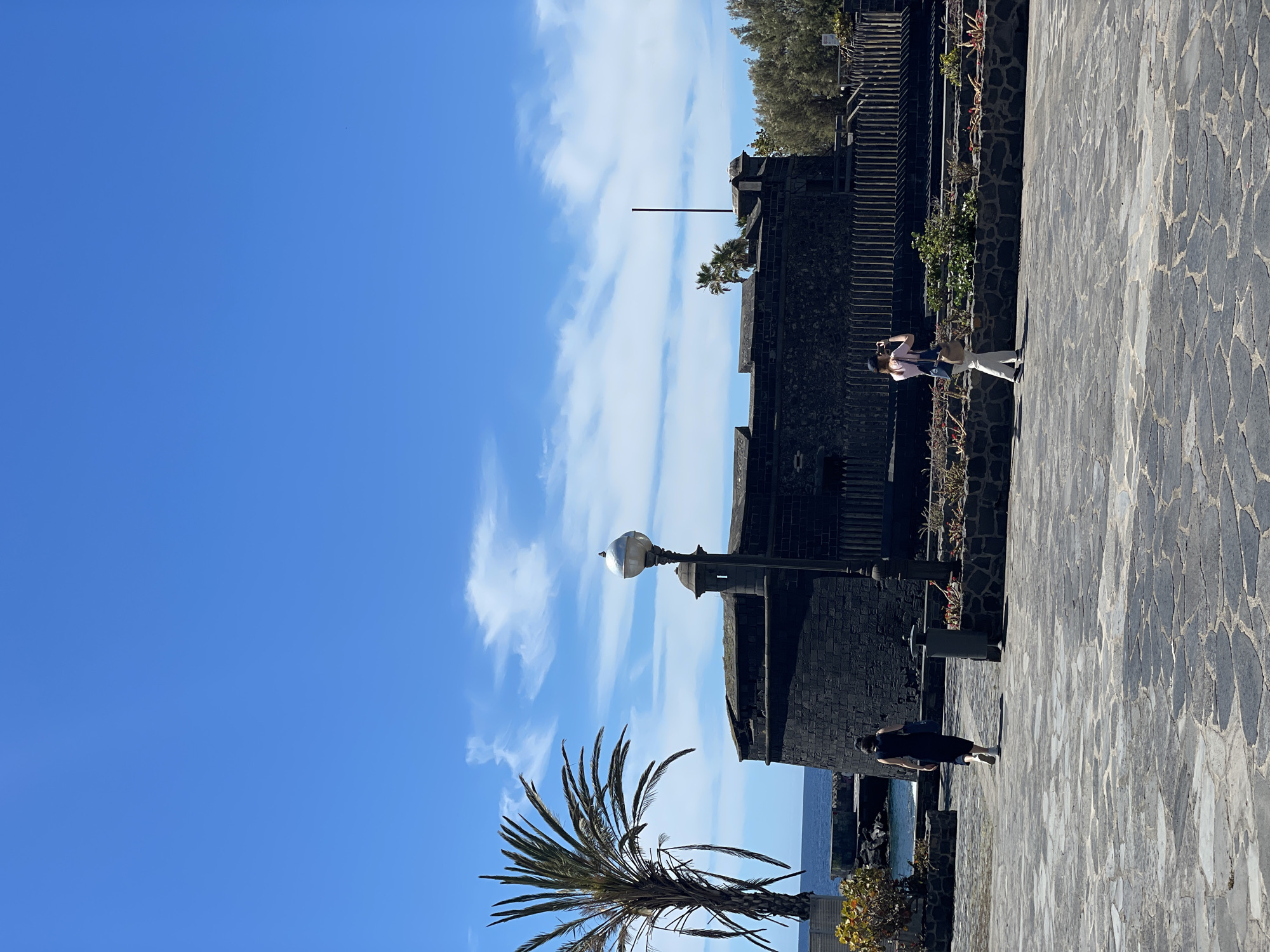The image, taken in Santa Cruz de Tenerife, Spain, depicts a sunny outdoor scene along what appears to be a promenade or a fortified area. The sky is a vibrant blue with scattered wispy white clouds, indicating clear weather during the day, likely morning or early afternoon.
A prominent dark stone wall or building, featuring crenellated sections and dark, rough-hewn masonry, runs along the right side of the frame. Steps lead up along the upper portion of this structure, and small plants and shrubs are arranged along its base and ledges. The ground is paved with large, irregularly shaped dark grey stones.
Two people are visible on the paved area. One individual, positioned towards the center-right, wears a light-colored top, light trousers, and a dark hat or cap. They appear to be standing, possibly observing the scenery or taking a photograph. The second person, closer to the foreground on the right, is dressed in dark clothing and is seen from behind, walking away from the camera.
A tall palm tree with broad green fronds occupies the lower-left corner of the image. Towards the center, a dark lamppost with a spherical light fixture stands out. In the distance, beyond the stone structure, a calm body of blue water, presumably the ocean, can be seen. The overall impression is one of leisure and sightseeing at a historic, coastal location. No legible text is visible.