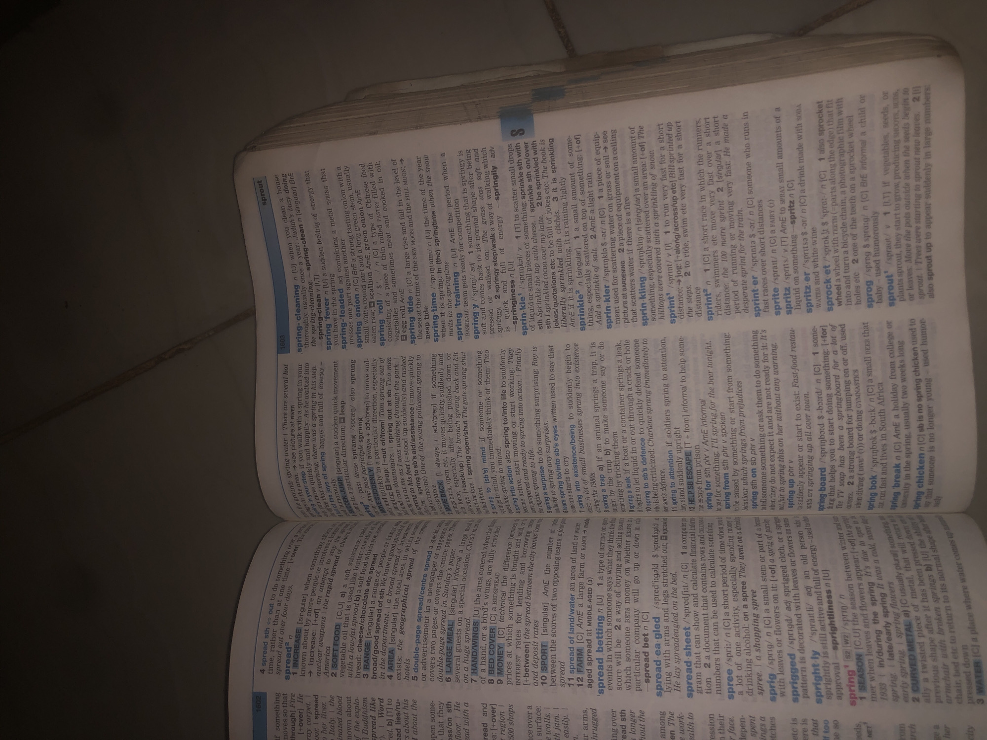 The image is a close-up, overhead shot of an open book, specifically a dictionary. The pages are filled with dense text, defining various words and phrases, many of which begin with the letters "S" or are related to the concept of "spring." The lighting appears to be from an overhead source, causing some glare on the pages. The book is positioned on a dark, textured surface, possibly a table or a shelf. There are no people, animals, or any other objects visible in the frame. The context of Jalingo, Nigeria, is not present in the visual information provided by the image.