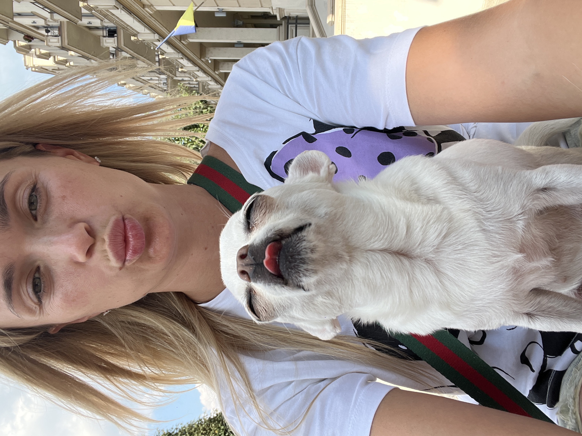 A woman with blonde hair and a white t-shirt is holding a white chihuahua dog in front of a building. The woman is puckering her lips and the dog's tongue is sticking out. A Ukrainian flag is visible on a pole in the background. The setting appears to be outdoors in a city.