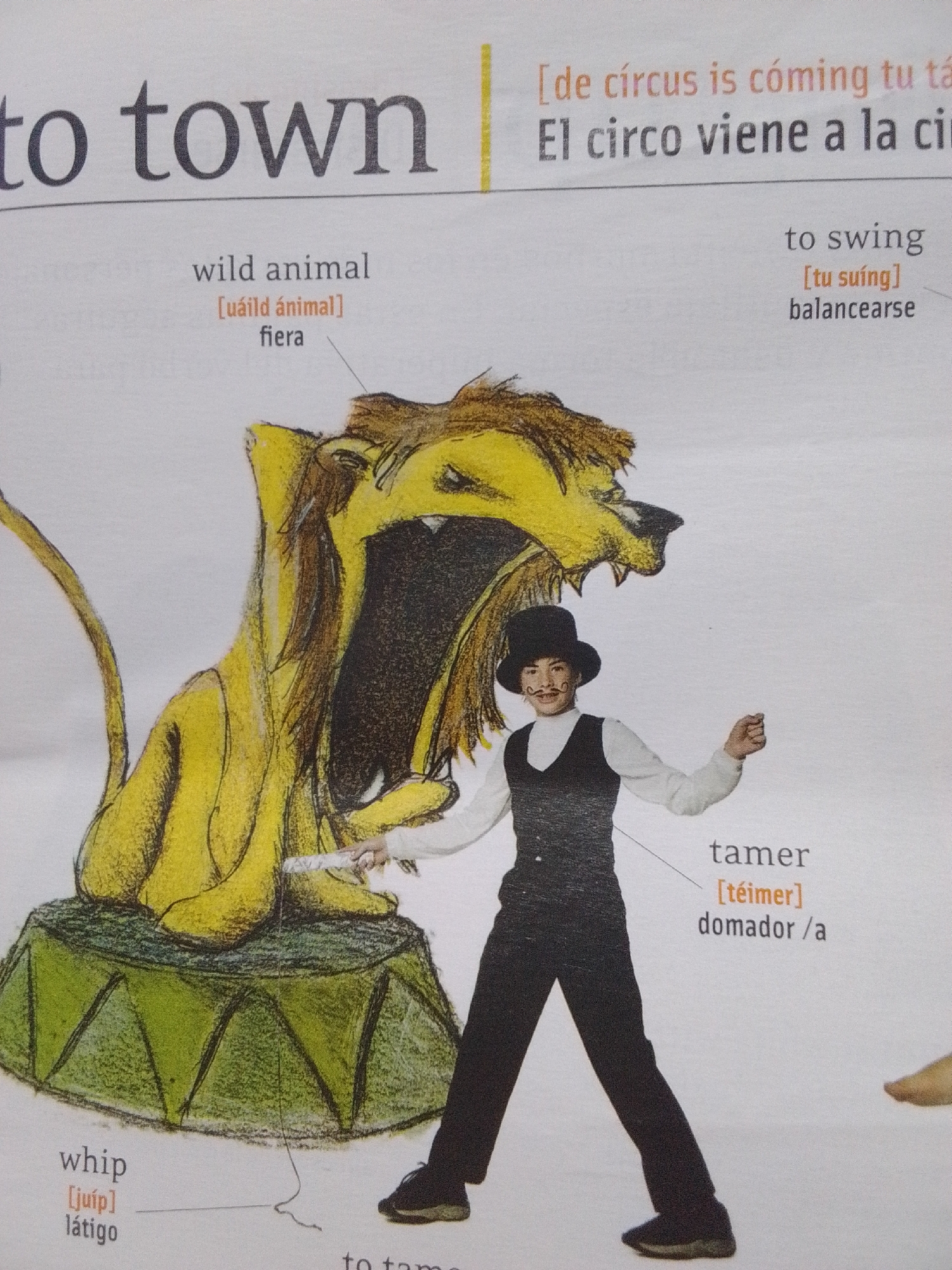 The image displays a page from what appears to be an educational book or magazine featuring circus-themed vocabulary. Prominently in the center is a drawing of a lion with its mouth wide open, sitting on a green circus platform. A boy dressed as a circus performer, wearing a black top hat and a vest, stands in front of the lion, holding what appears to be a whip. Text labels and translations are scattered around the image, defining terms like "wild animal," "to swing," "tamer," and "whip." There is no indication of the city of La Tagua, Venezuela, in the image or its context.