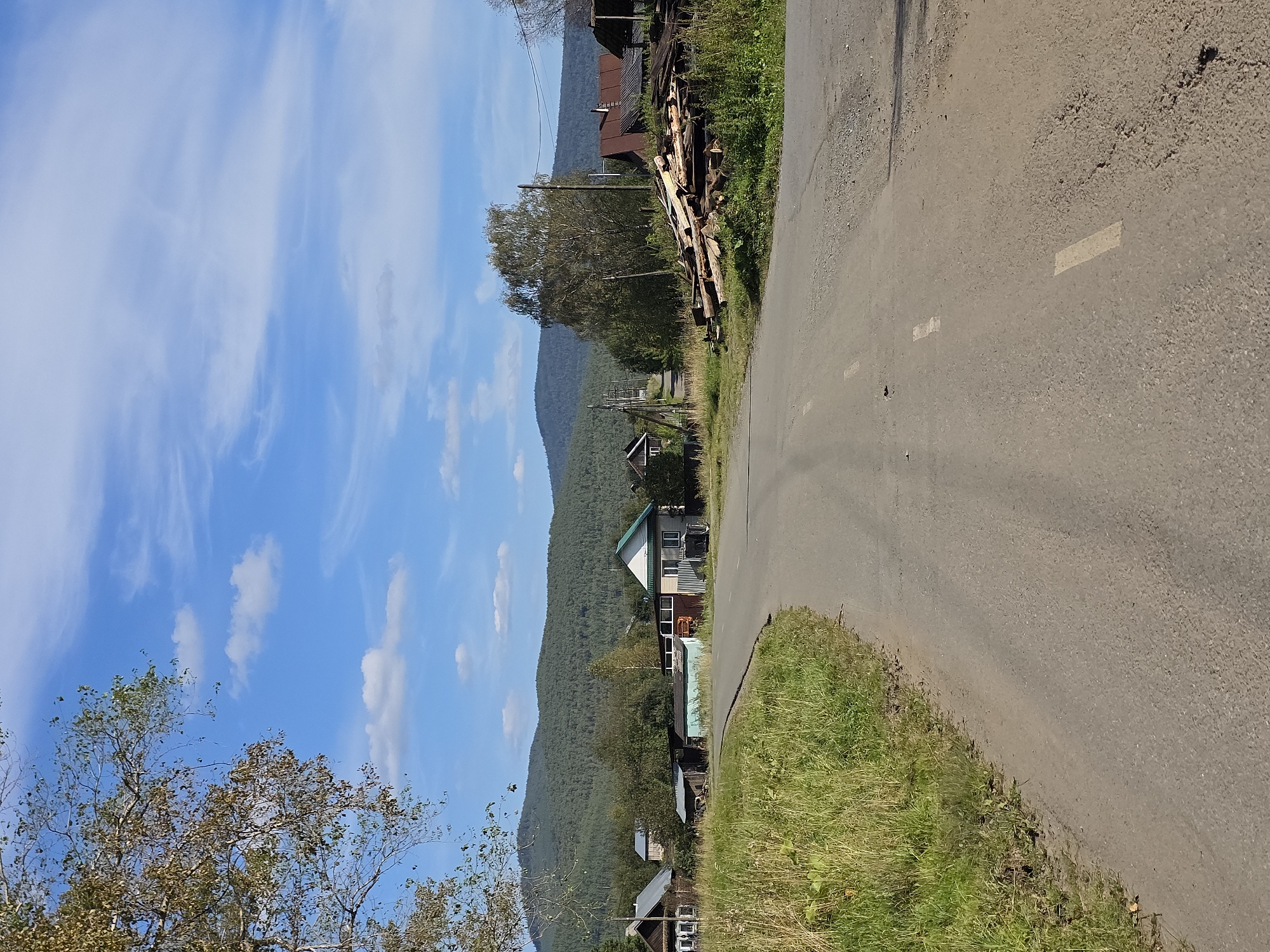 A paved rural road curves to the left, flanked by dry grass and a small pile of logs. On the right side of the road, several houses with gabled roofs are visible, with one house featuring a green roof and a porch. Beyond the houses, a dense forest covers a rolling hill under a bright blue sky with scattered white clouds. The image appears to be taken during the daytime in the village of Magnitka, Russia.