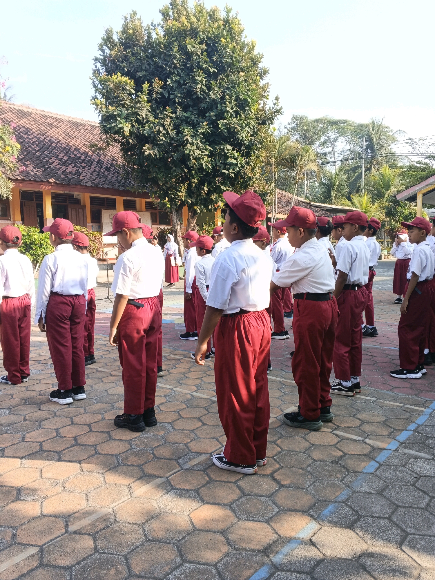 A group of young school children, likely elementary school age, stand in neat rows outdoors on a paved courtyard. They are dressed in matching school uniforms consisting of white shirts, maroon caps, and maroon pants. The children are facing away from the camera, with most looking forward in a disciplined stance, suggesting a school assembly or activity. In the background, a building with a tiled roof and yellow walls is visible, along with trees and a clear blue sky. The paving stones are hexagonal in shape and laid in a regular pattern. The scene appears to be a schoolyard in a tropical or subtropical climate, given the lush green trees and bright sunlight.