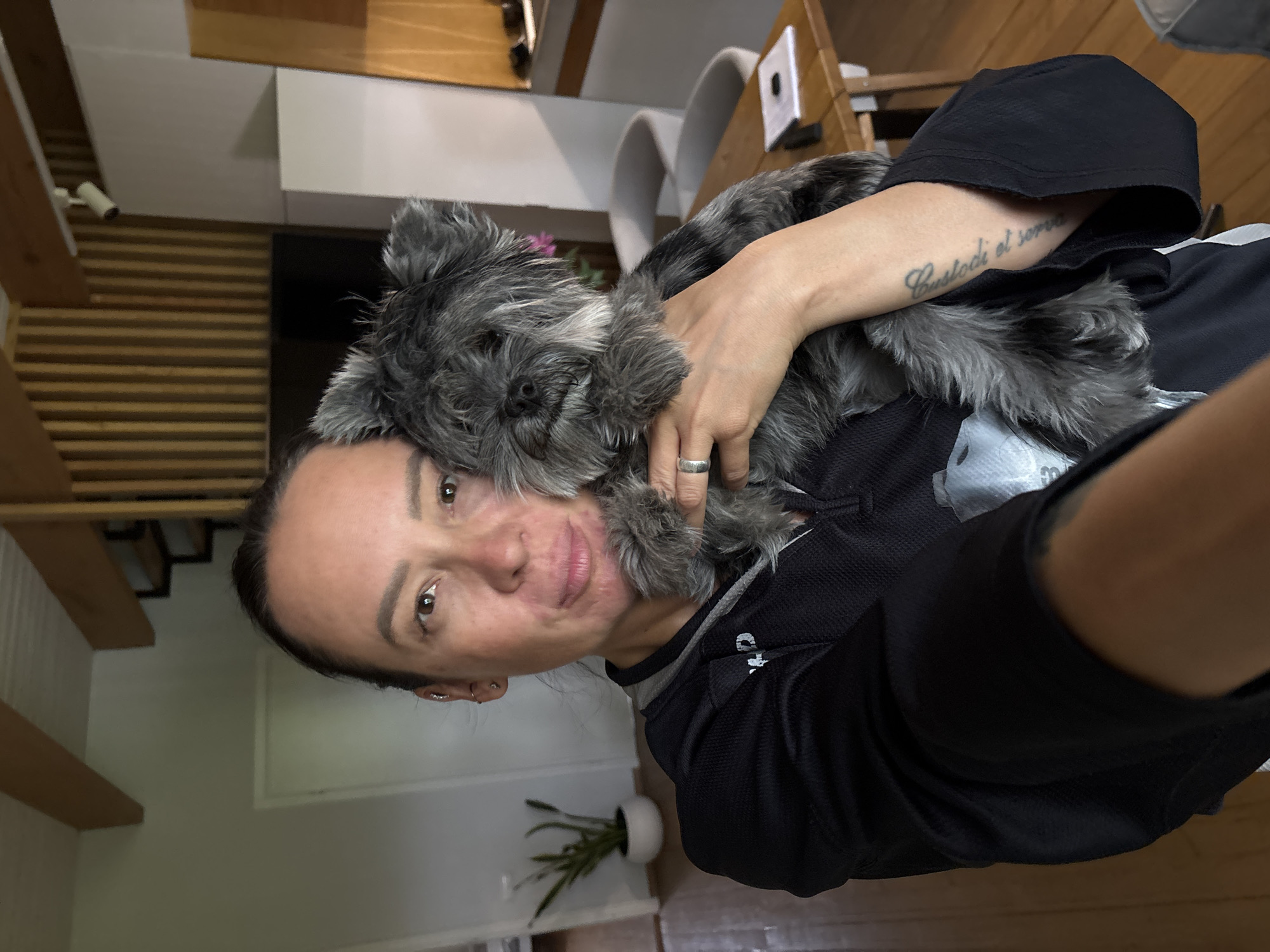 A woman is holding a grey schnauzer dog. She has dark hair pulled back, fair skin and a ring on her finger. She is wearing a black and grey shirt. The background shows an interior with stairs, a dining area, and a potted plant. The city of Chaikovsky, Russia is not evident in the image.