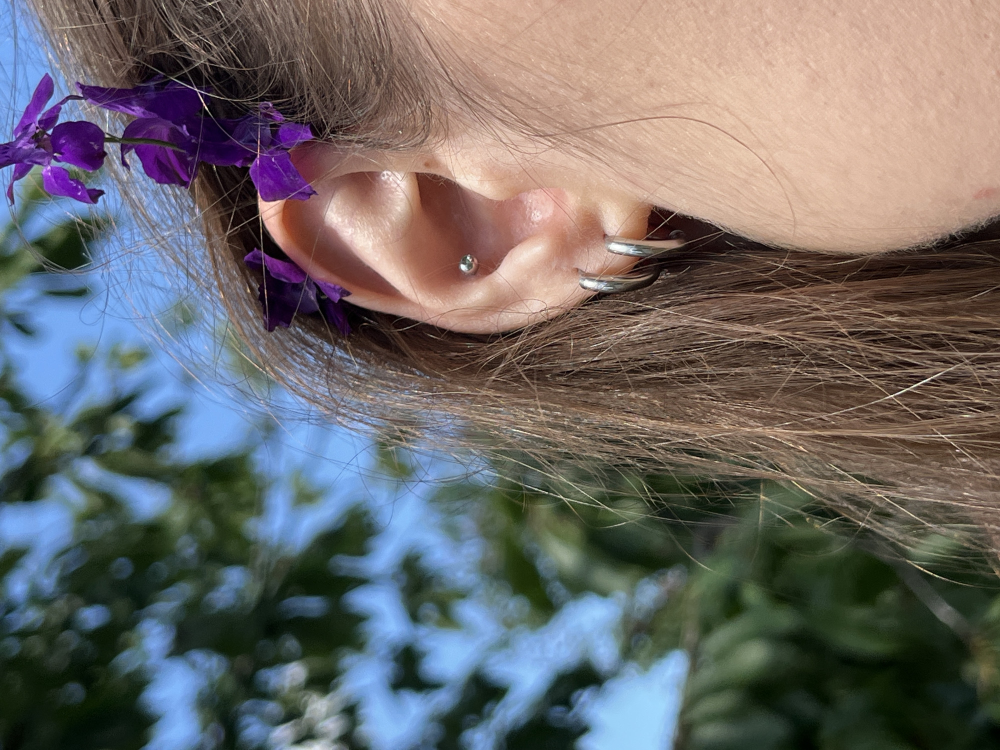 A close-up, outdoor shot shows the side of a person's ear with purple flowers tucked into their hair. The ear has two silver hoop earrings in the lobe and a small silver stud piercing the cartilage. The person's brown hair is visible, some strands falling forward, while others are pulled back. In the blurred background, green foliage and blue sky are visible, suggesting a daytime setting, possibly in a natural environment like a garden or park. The image is composed with the ear and flowers as the focal point. There is no visible text.