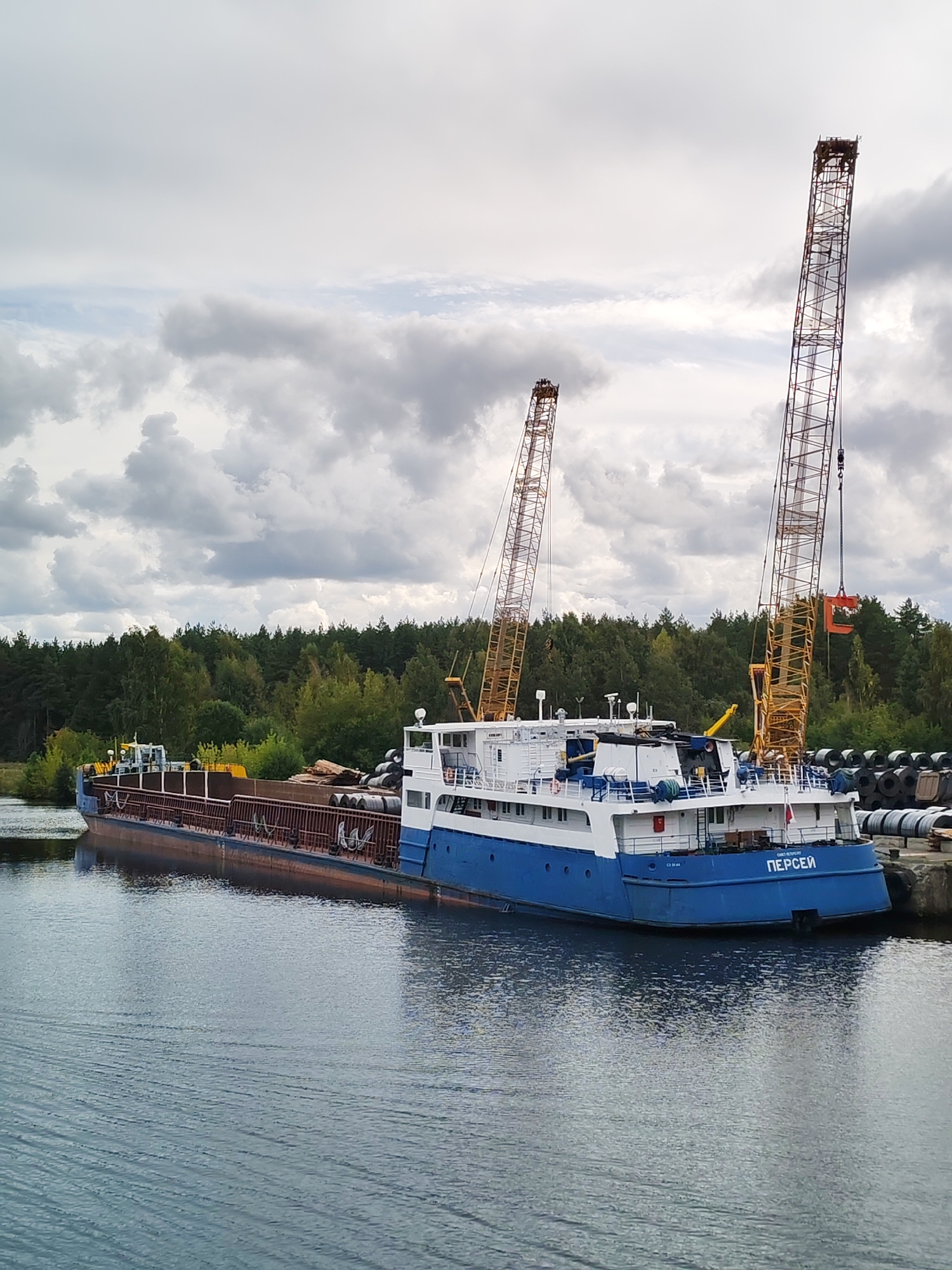 The image shows a blue and white ship named "ПЕРСЕЙ" docked in a waterway with a forest in the background. Two tall yellow cranes are positioned on the shore, one of which is holding a large orange clamp over the ship. The ship appears to be a cargo vessel, as its deck is filled with long, brown cylindrical objects, possibly logs or pipes. The water is calm, reflecting the overcast sky and the surrounding trees. The location is identified as Orevo, Russia.