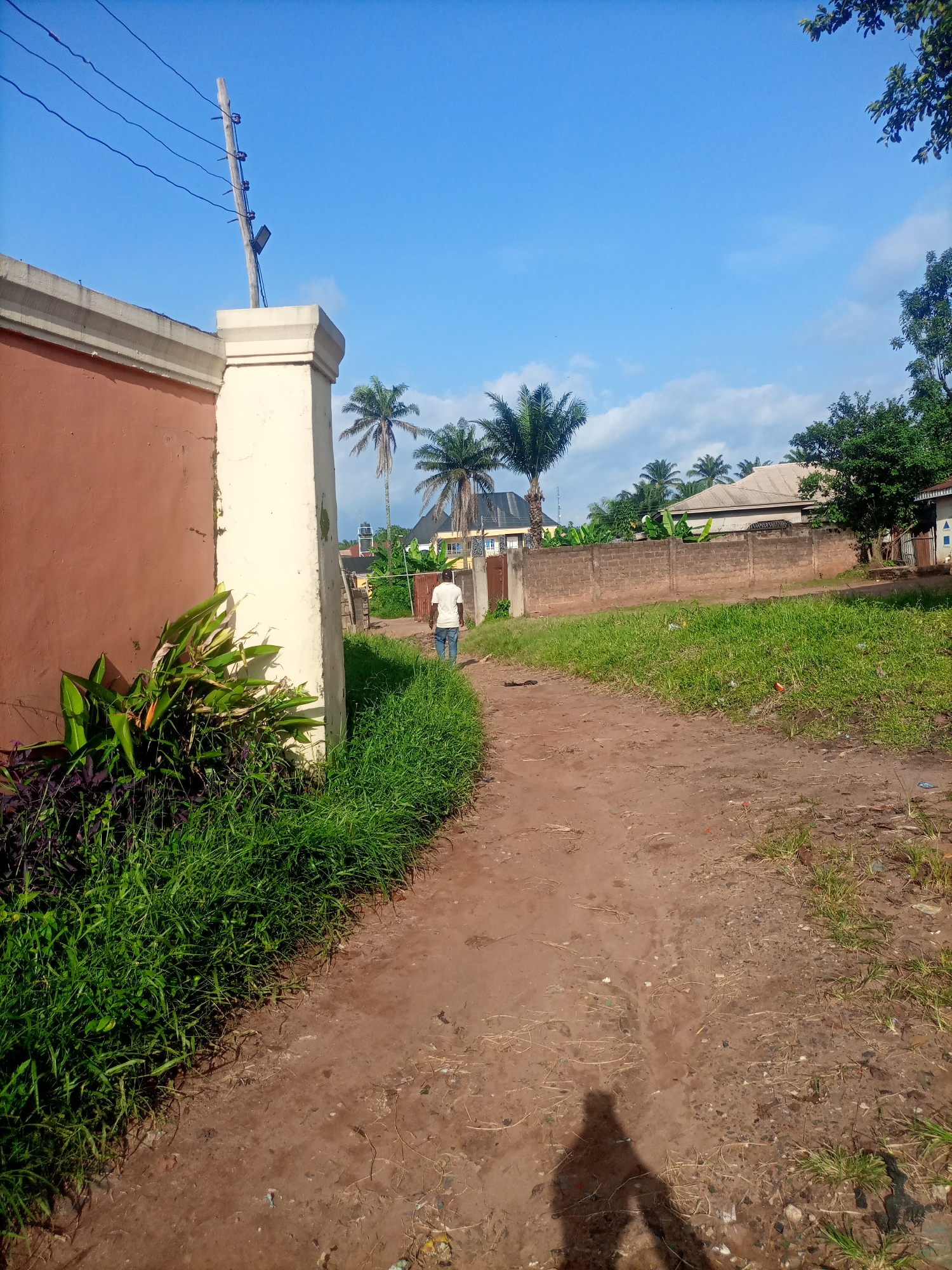 The image depicts a sunny day in Nkpor, Nigeria, with a clear blue sky and scattered clouds. A dirt path winds through lush green grass and vegetation, leading towards a residential area. On the left, a tall, cream-colored pillar stands next to a reddish-brown wall, part of a fence. Electrical wires stretch across the top of the image, supported by a wooden pole. In the distance, palm trees and other foliage frame several houses and a brick wall. A lone figure, a man wearing a white t-shirt and blue jeans, walks away from the camera down the path. The overall scene suggests a peaceful, everyday moment in a tropical or subtropical environment. The bright sunlight casts shadows, indicating it's likely mid-morning or afternoon. No visible text is present.