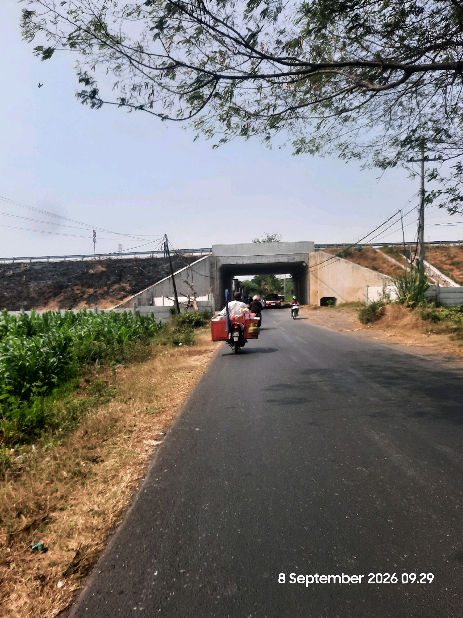 A motorcycle with a sidecar, carrying a red container, travels on an asphalt road in Suko, Indonesia. The motorcycle is followed by another motorcycle. In the background, a concrete overpass spans the road. To the left of the road, there are green plants and dry grass. The sky is clear and blue. The image is dated September 8, 2026, at 9:29 AM.