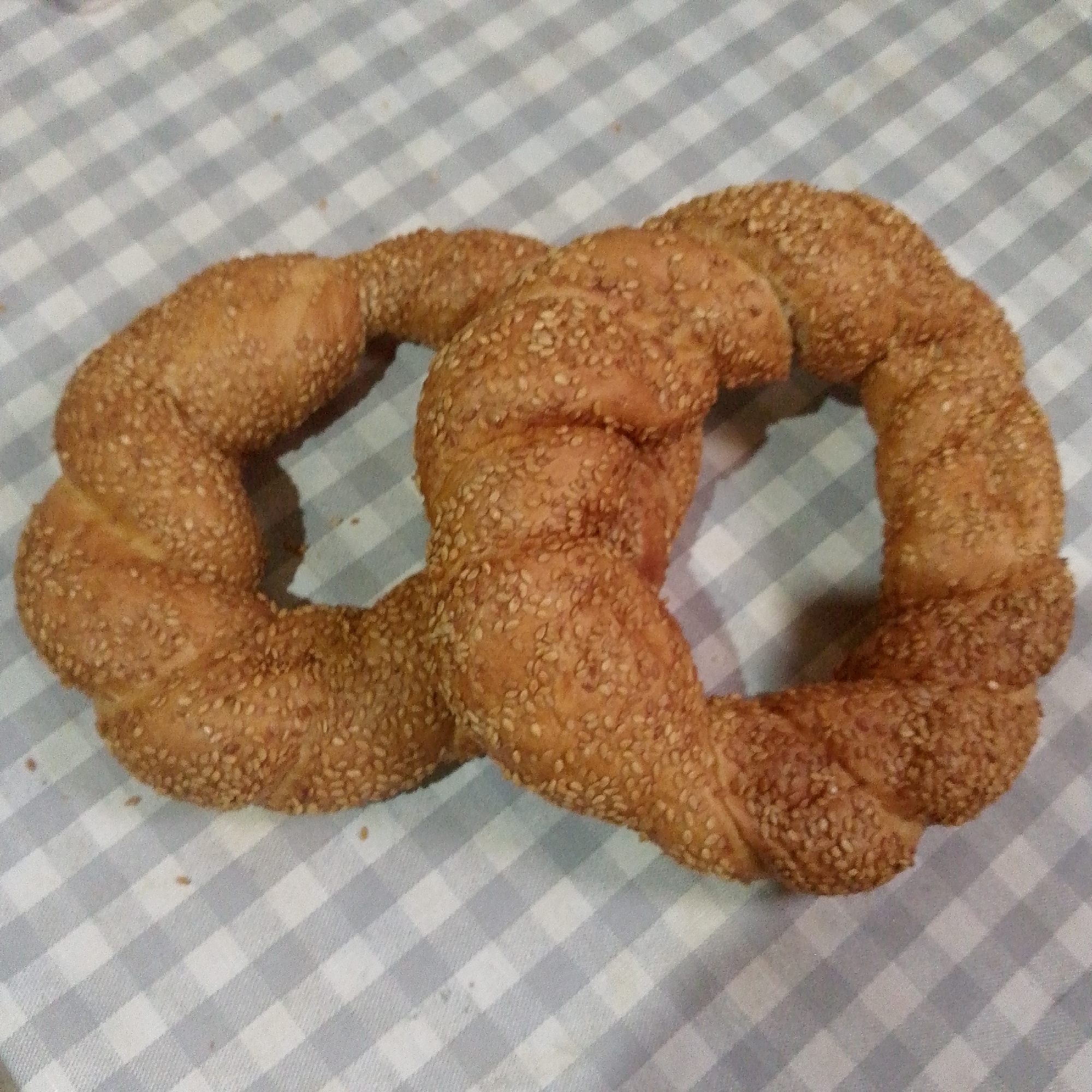 The image shows two intertwined simit, a Turkish bread, on a checkered tablecloth. The simit are covered in sesame seeds and have a golden-brown crust. The tablecloth has a pattern of light blue and white squares. There are no people or any other objects visible in the image. The scene is static and shows no action. The location of Novokuli, Russia is not depicted or relevant to the visual content of the image.