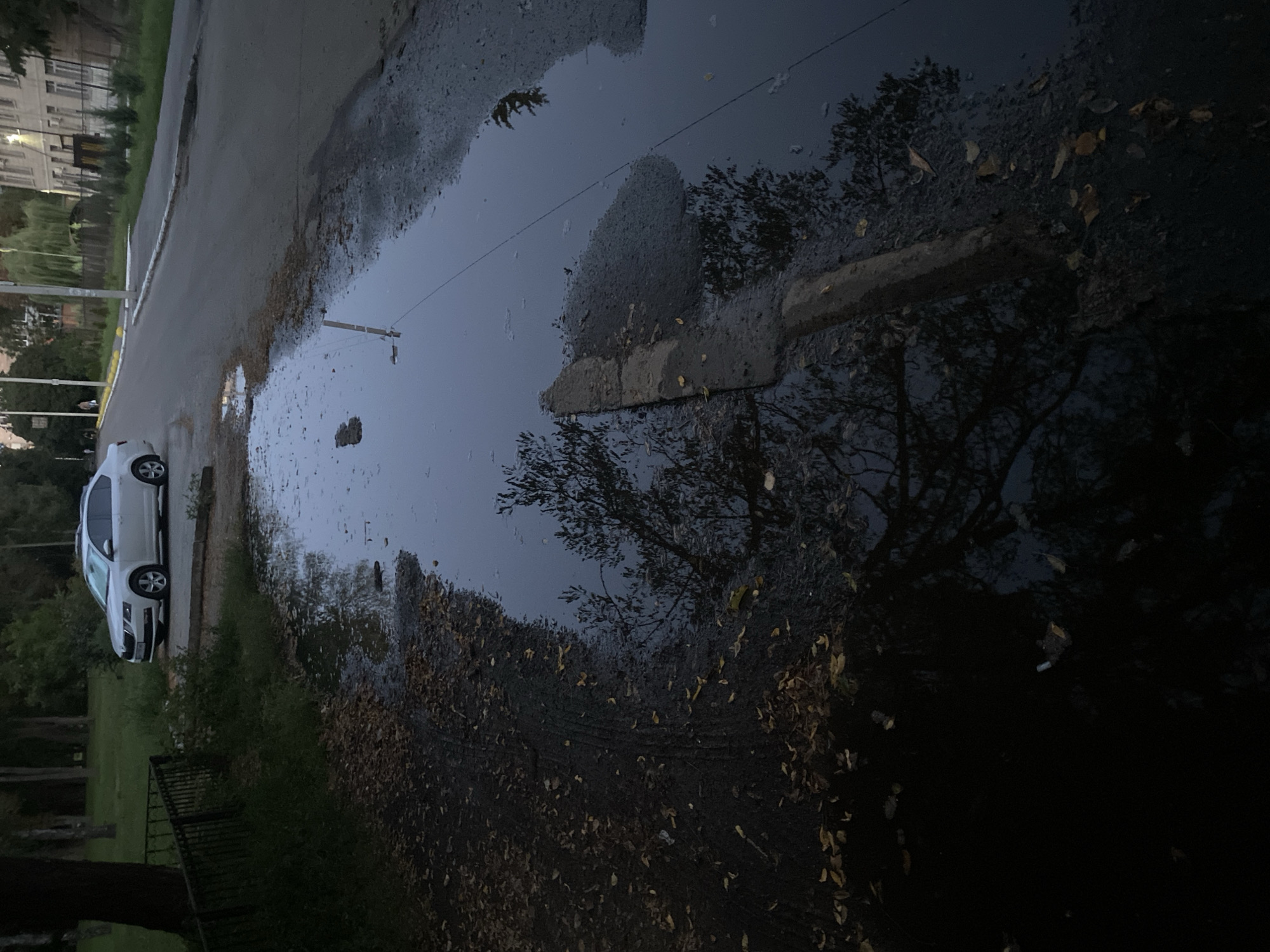 A white Skoda sedan is parked on the side of a road, adjacent to a grassy area with trees. A large puddle reflecting the sky and trees dominates the foreground, obscuring the road and a curb. Fallen leaves are scattered on the wet ground and in the puddle. A fence is visible to the left of the car. In the background, buildings and more trees line the street, suggesting an urban or suburban setting. The lighting indicates it may be dusk or a heavily overcast day. This scene appears to be located in Poltava, Ukraine, given the context provided.