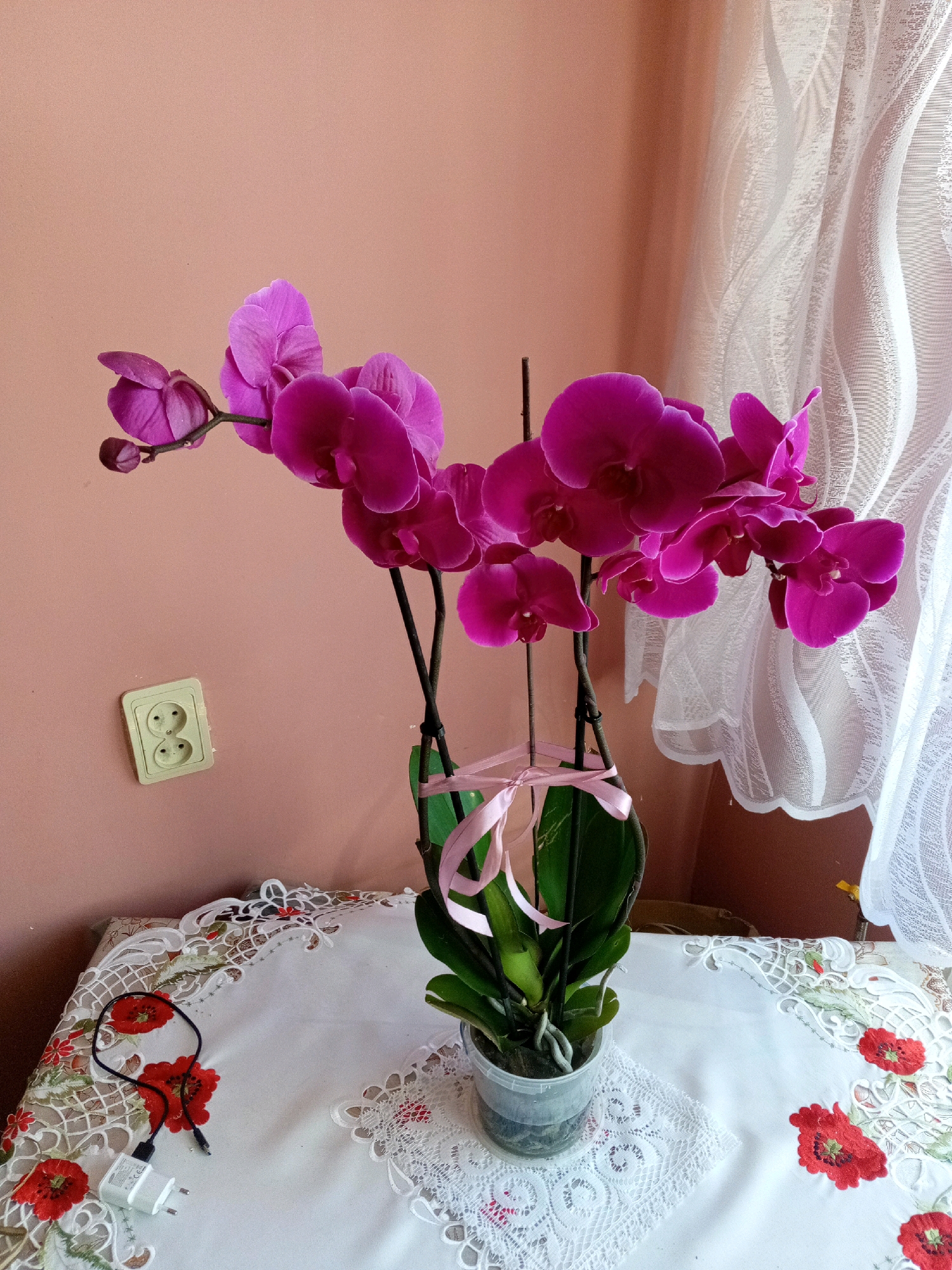 A potted orchid with vibrant fuchsia flowers is displayed on a white tablecloth adorned with red floral embroidery. The orchid is tied with a pale pink ribbon. To the left of the orchid, an electrical outlet is visible on a peach-colored wall. To the right, sheer white curtains are draped. On the tablecloth in the foreground, a white electrical adapter and a black charging cable are present. The scene appears to be indoors, on a table, with natural light filtering in from the right.