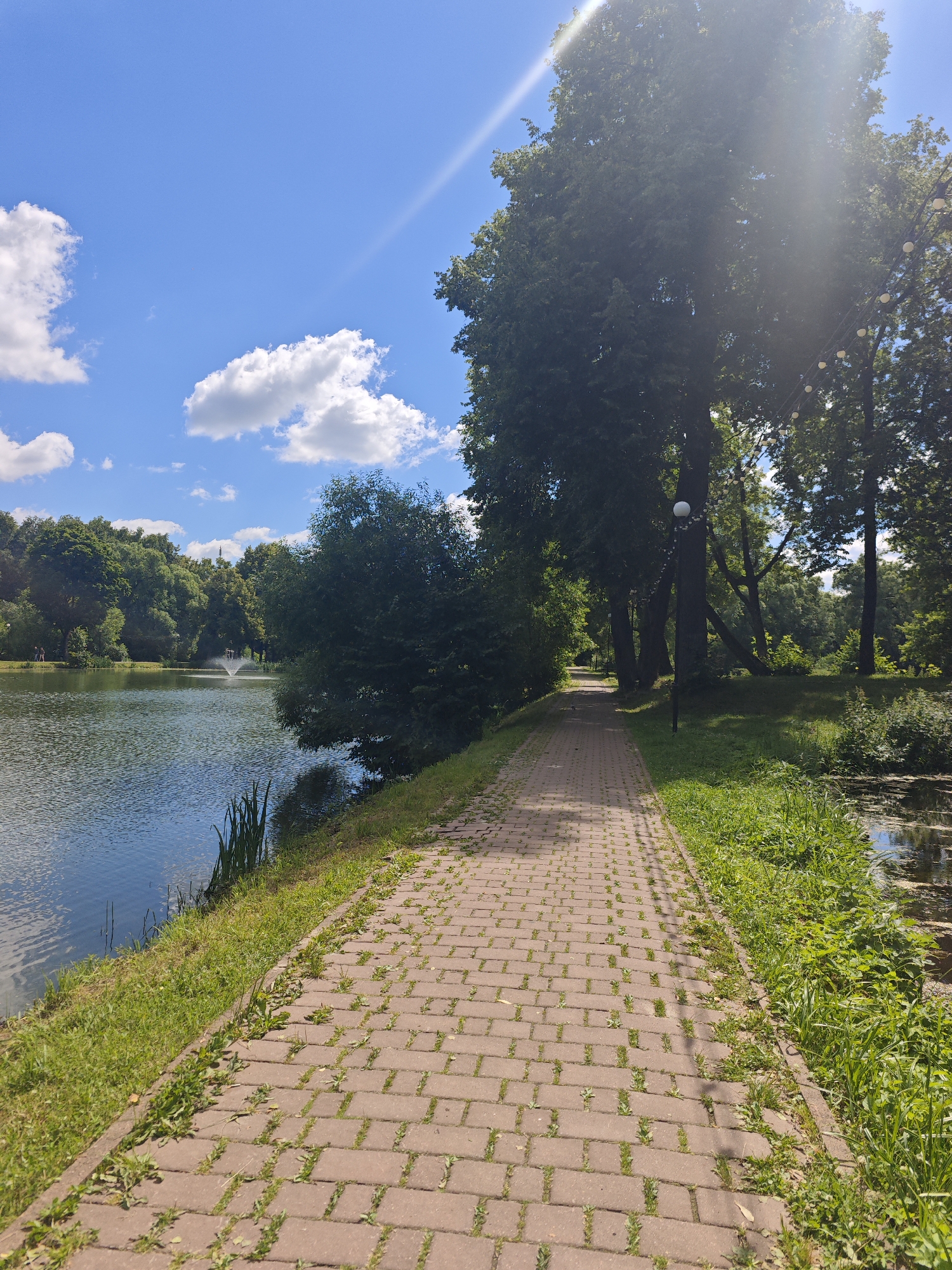 The image depicts a paved walkway next to a body of water, likely a lake or river, in a park setting. Tall trees line the path, casting shadows and creating a dappled sunlight effect. The sky is blue with scattered white clouds. A fountain is visible in the water in the distance. The walkway is constructed of reddish-brown pavers and is bordered by green grass and vegetation. The overall impression is one of a serene, natural environment within a city. This scene is located in the city of Chekhov, Russia, specifically within the city's park area. There are no visible people in the immediate foreground or midground of the image, though faint figures can be seen in the distance on the far side of the water. The lighting suggests it is daytime, likely late morning or early afternoon.