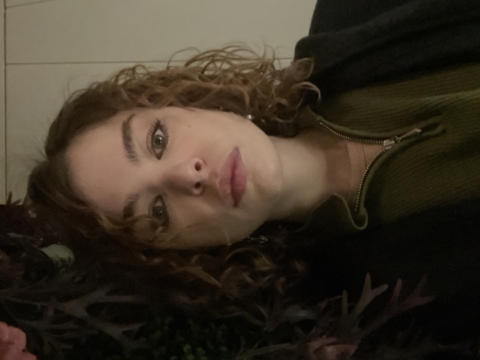 The image depicts a headshot of a young adult female, positioned centrally, captured indoors in Budva, Montenegro. The female subject has fair skin, brown curly hair parted on the left, hazel eyes with visible dark eyeliner, and full, light pink lips with a glossy sheen. She wears a dark olive green half-zip sweater with a silver zipper over a lighter pink undergarment. A dark-colored outer garment, possibly a jacket or coat, is visible over her shoulders. She has a dangling silver-colored earring in her left ear and a light-colored stud earring in her right ear. The background on the viewer's left consists of dense, dark green and reddish-brown foliage. The background on the viewer's right is a plain, light-colored wall with faint horizontal seam lines, suggesting panels. The scene is illuminated by a direct light source on the subject's face, casting portions of the background into partial shadow. The subject is directly facing the camera with a neutral expression.