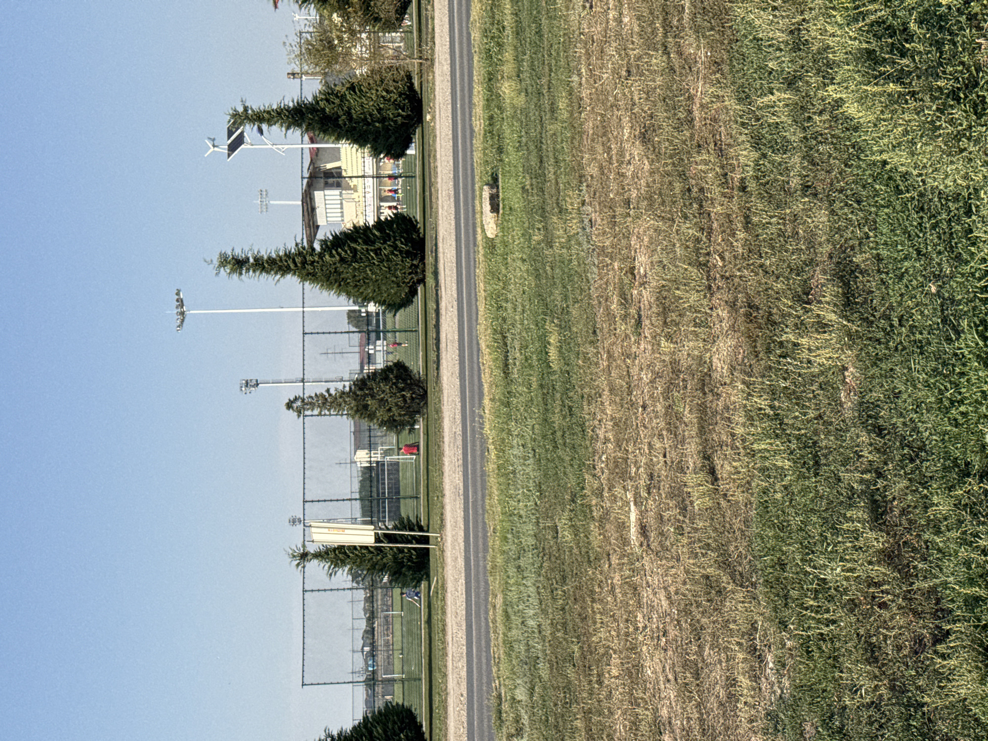 In Yevpatoriya, Ukraine, a clear, bright day is depicted, showcasing a section of a sports complex. In the foreground, a dry, brown patch of grass transitions into a lusher green area. A single, light-colored rock rests on the green grass. Beyond this, a paved road separates the foreground from a fenced sports field. Several evenly spaced, dark green, conical evergreen trees are planted along the fence line.
Within the fenced area, the sports field features what appears to be a soccer field with goals visible. People are engaged in activities on the field; one individual in a blue shirt is on their knees, while another in a red shirt is standing. In the background, there are various structures including a building with a white and yellow facade, a tall light pole with multiple fixtures, and a smaller pole with a wind turbine and solar panels. The sky is a uniform, pale blue.