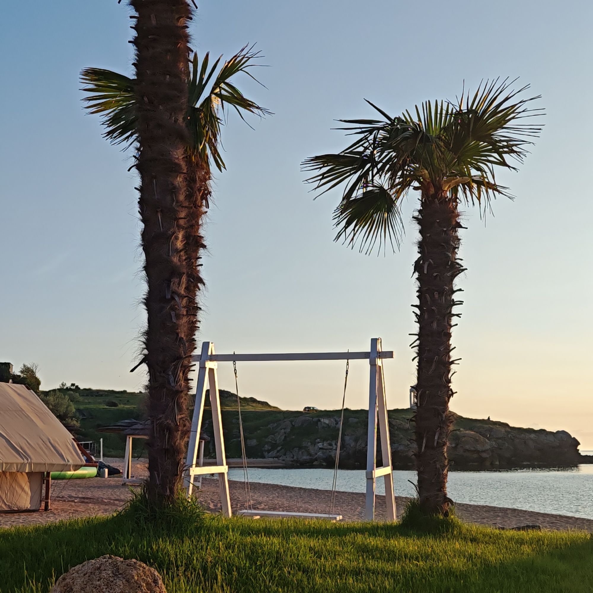 The image shows a beach scene with two palm trees and a white swing set in городское поселение Щелкино, Ukraine. The foreground features green grass growing near the base of the palm trees and around the swing set. A sandy beach leads to calm water. In the background, a rocky outcrop extends into the water. A tent and a thatched-roof structure are visible on the beach to the left. The sky is a clear gradient of blue to a lighter hue near the horizon.