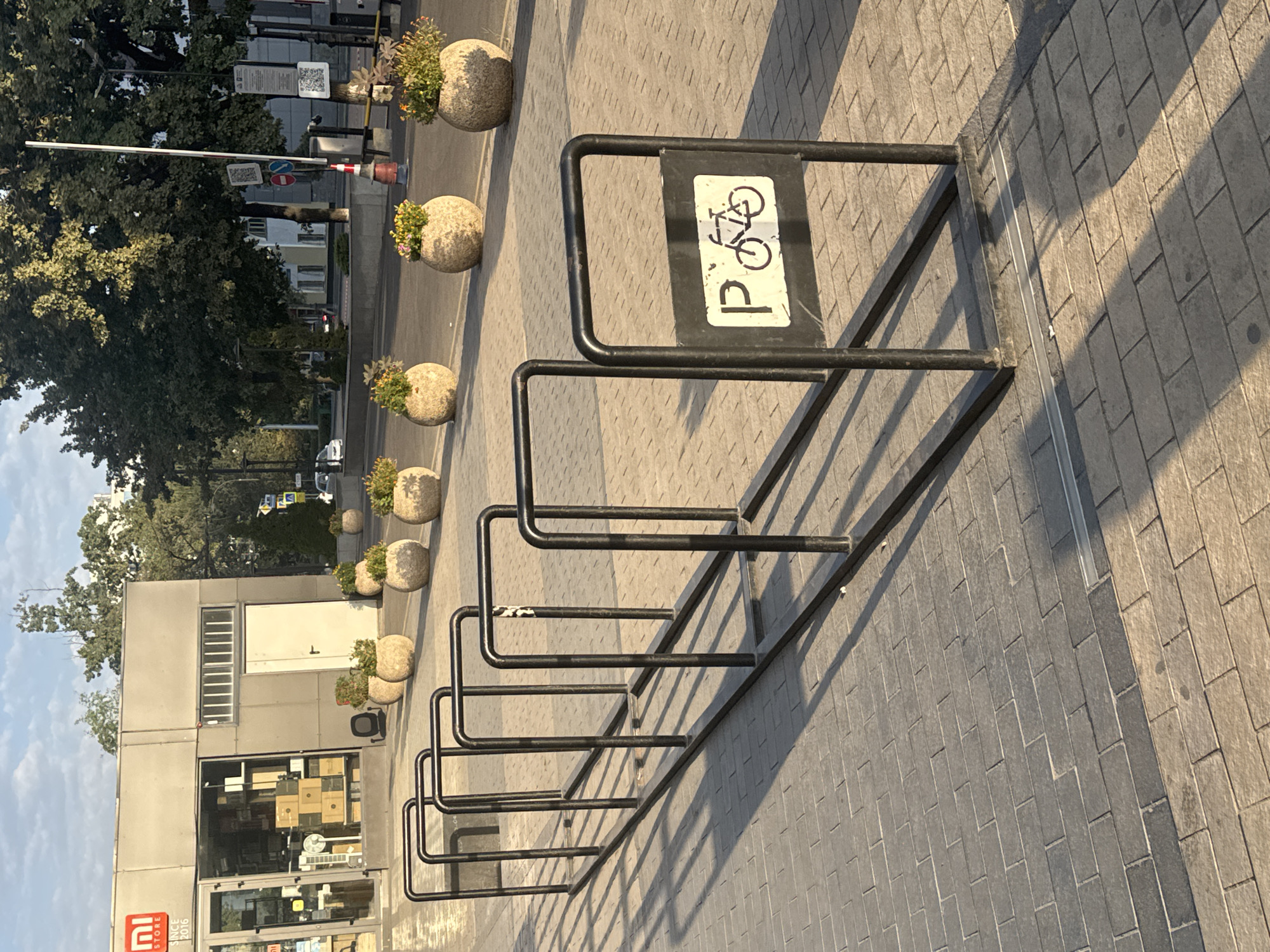 In Bishkek, Kyrgyzstan, a black metal bicycle rack with spaces for multiple bicycles is positioned on a paved walkway. A sign on one of the rack's uprights displays a white rectangle with a black "P" and a stylized black bicycle. The walkway is made of gray rectangular paving stones. In the background, there is a modern-looking building with a glass storefront, a door, and what appears to be a "Mi Store" sign. Several large, round planters filled with greenery and flowers are placed along the walkway in front of the building. Trees and other urban elements are visible further in the background, including traffic signals and other signs. The scene is illuminated by sunlight, casting shadows across the walkway and the bicycle rack.