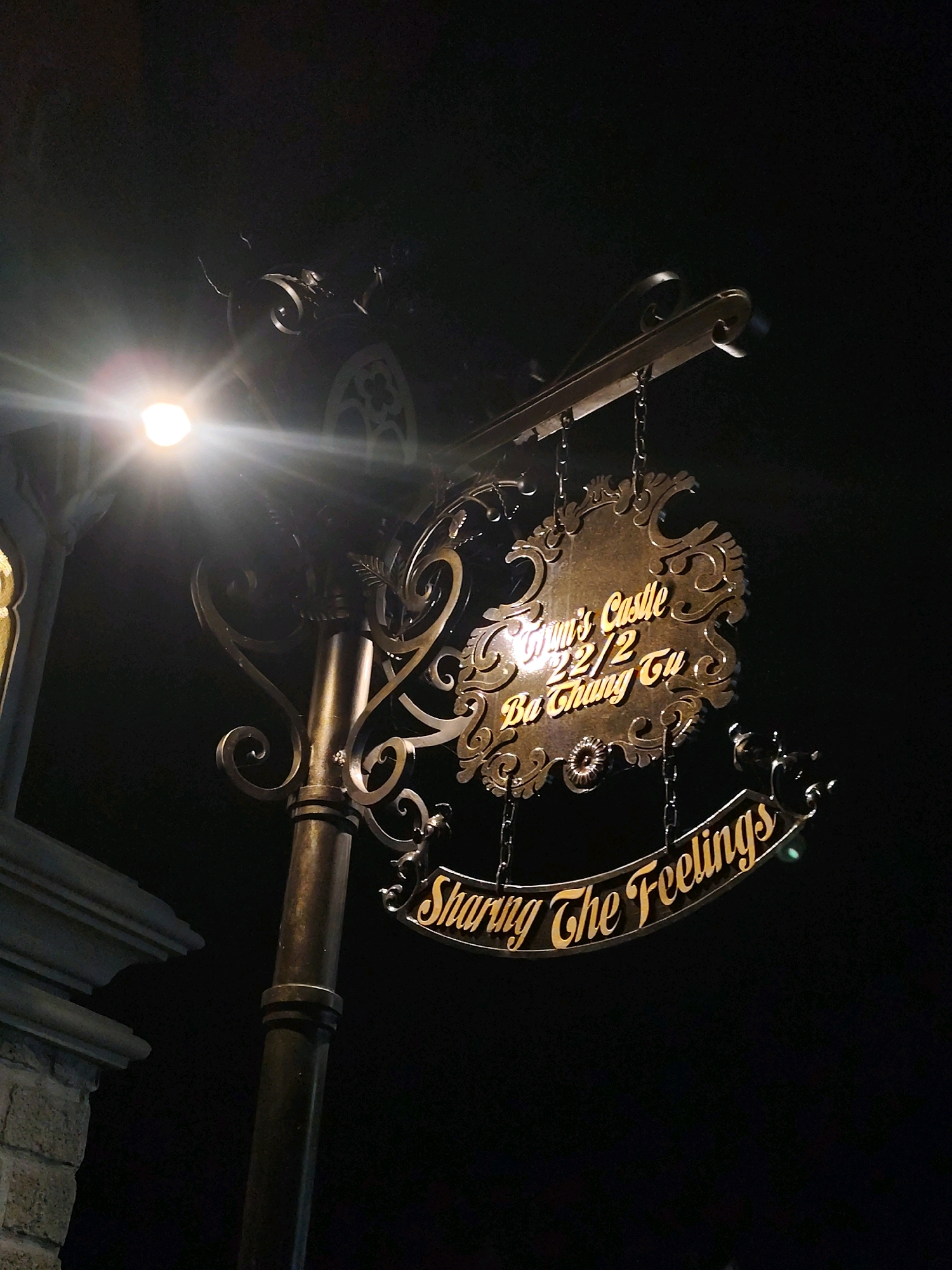 The image shows a close-up of a decorative metal sign hanging from a lamppost at night. The sign is golden and has ornate, scrolled edges. The text on the sign reads "Duy's Castle 22/2 Ba Chưng Ta" and "Sharing The Feelings." The lamppost is dark and has a bright light source at the top, casting a glare. The background is black, indicating it is night. A stone building is partially visible on the left side of the image. This sign is located in Da Lat, Vietnam, a city known for its French colonial architecture and cooler climate.