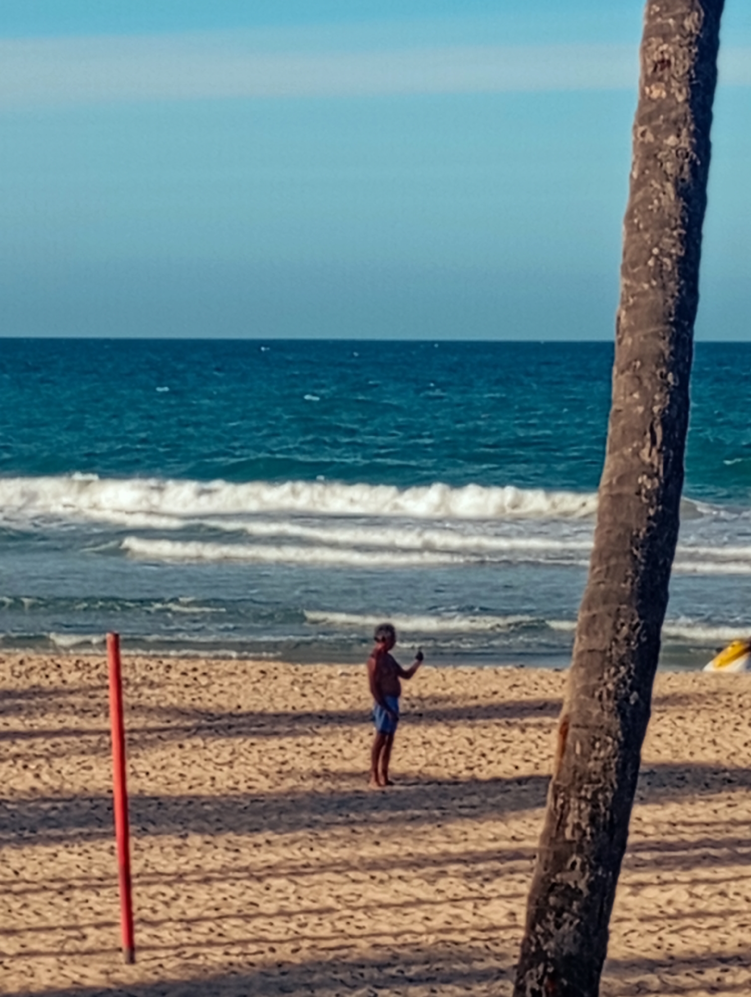 The image depicts a daytime scene at Playa El Agua, Venezuela. A single individual, an adult male wearing blue swim trunks, stands on the sandy beach in the middle ground. He is positioned facing slightly towards the left of the frame, holding a dark object, possibly a smartphone or camera, at eye level with his right hand, appearing to capture an image or video.
The beach features light brown sand with visible ripples and elongated shadows. In the immediate foreground on the left, a slender, vertical red pole is planted in the sand. On the right side of the foreground, a large, textured brown palm tree trunk occupies a significant portion of the frame, extending vertically.
Beyond the beach, the deep blue ocean is visible, characterized by multiple lines of white-capped waves breaking towards the shore. The horizon is flat, separating the ocean from a clear, light blue sky with a faint lighter band near the upper horizon. A small, partially visible yellow object rests on the sand in the far right background, close to the waterline. The scene is illuminated by natural sunlight, creating distinct shadows on the sand.