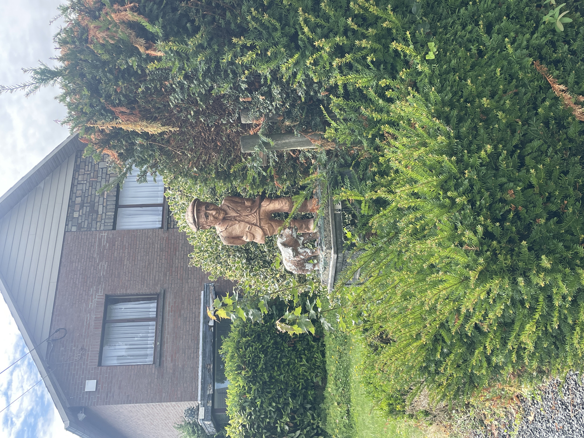 The image displays a garden scene in front of a brick house. A wooden sculpture of an elderly man wearing a cap and jacket stands next to a sculpture of a dog. The sculptures are placed on a pedestal in a garden surrounded by dense green bushes and a lawn. The house, partially visible in the background, has brick walls and a tiled roof. A window with white curtains is visible on the side of the house. The garden appears to be well-maintained, with various types of greenery. The weather seems overcast, with a cloudy sky. This scene is located in the city of Diepenbeek, Belgium.