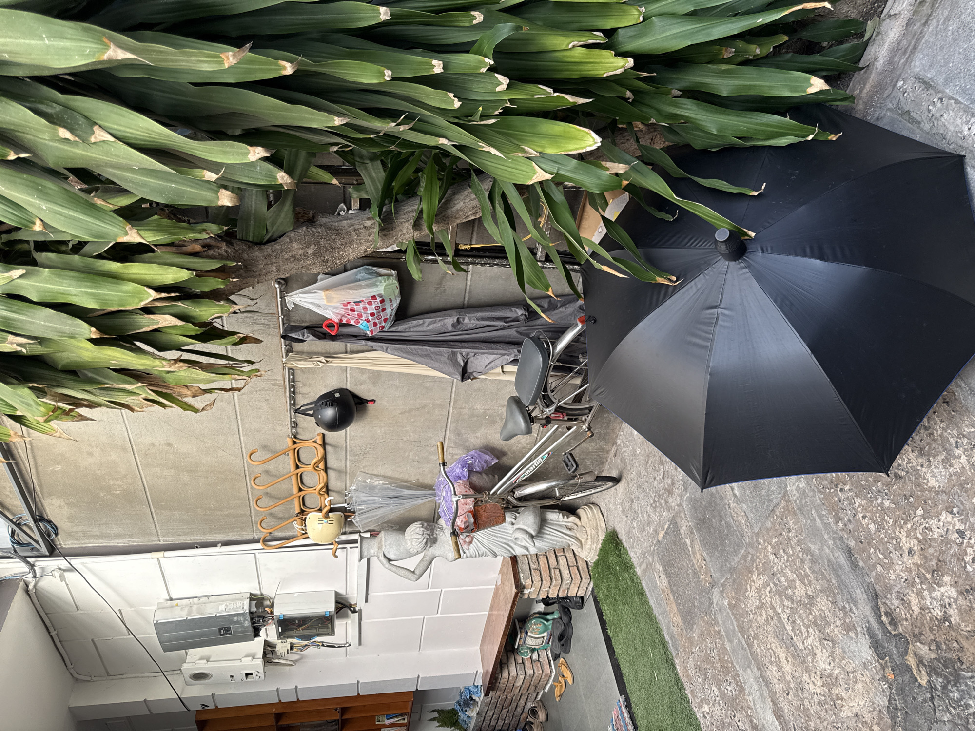 This image depicts an outdoor urban scene, likely in Nha Trang, Vietnam, characterized by a narrow alleyway or courtyard. To the left, a white wall is adorned with electrical boxes and conduit. Adjacent to this is a red brick bench, topped with a marble slab, and a decorative statue of a woman carrying a jug. A silver bicycle with a basket is parked next to the statue. A black umbrella is positioned open on the ground in the foreground, its fabric covering a significant portion of the frame. To the right, a large, leafy plant cascades down the side of a concrete wall. Various items are hanging on the wall, including a wooden coat rack with multiple hooks, a helmet, and plastic bags containing groceries. A dark grey tarp hangs to the right of the bicycle. The ground is paved with irregular stone tiles.