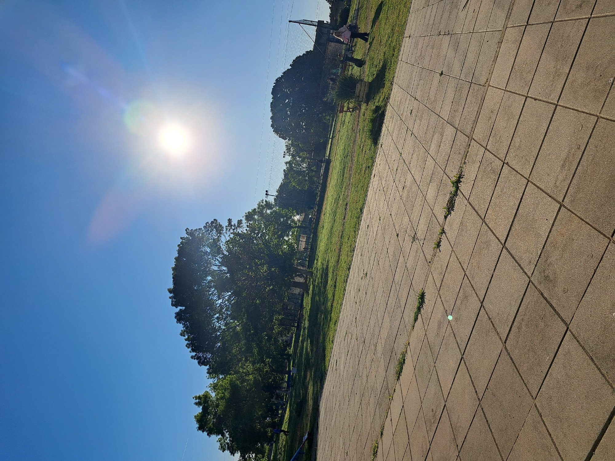 The image depicts a park on a sunny day. A paved walkway, constructed from square tiles, runs diagonally across the frame. Patches of grass are visible between the walkway and a line of trees, casting long shadows. In the distance, figures of people are visible near what appears to be a sports field or area enclosed by netting. The sky is blue with a bright sun causing lens flare. The location is in the city of Unknown, Unknown.