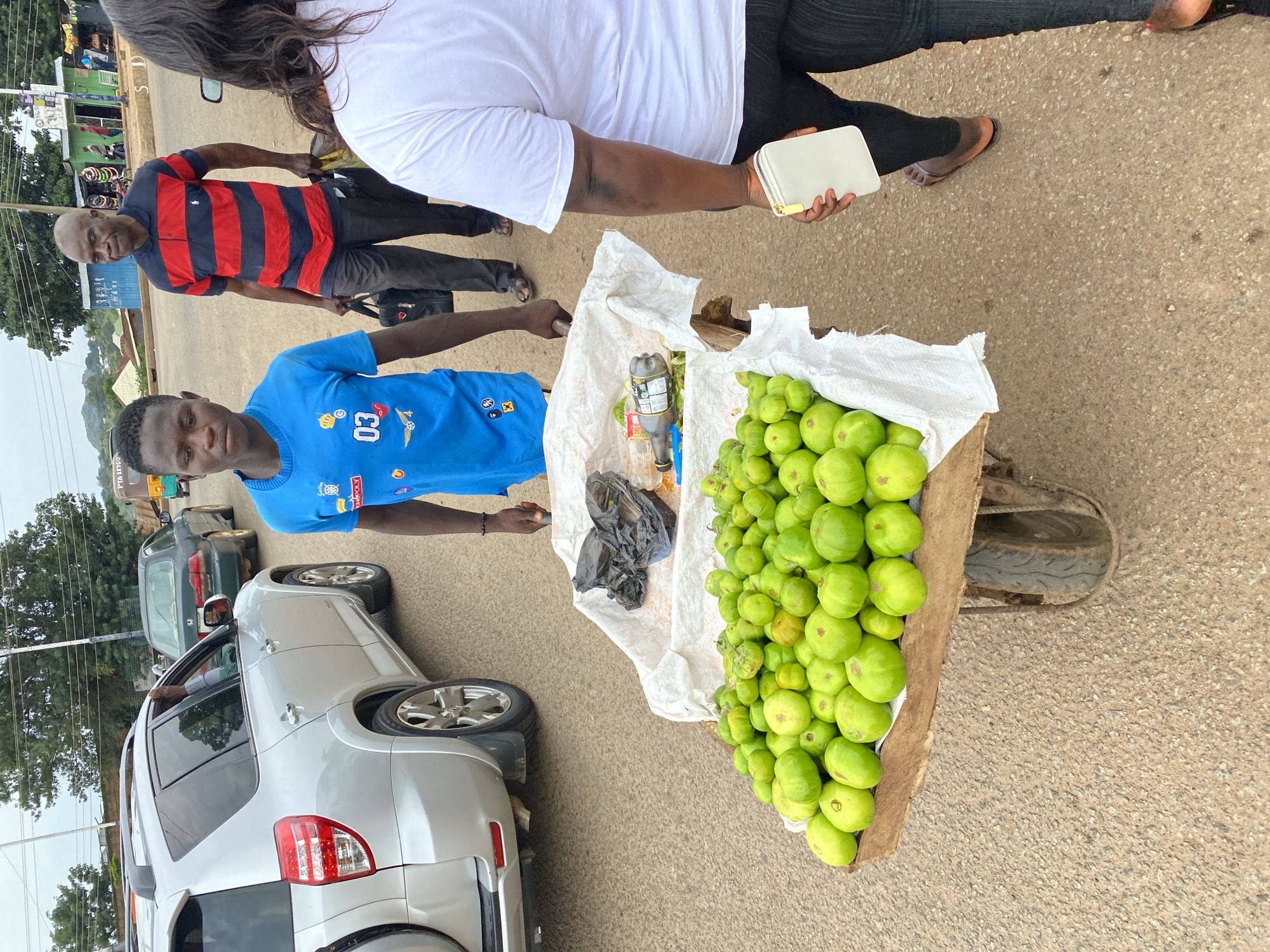 In Bukuru, Nigeria, a young male vendor stands beside a wheelbarrow laden with green tomatoes. He wears a blue t-shirt with a graphic design on it. To his right, an adult male in a red and blue striped polo shirt and dark pants walks by, carrying two shopping bags. Further to the right, a female, seen from behind, wears a white t-shirt and black leggings, holding a white rectangular object in her right hand. In the background, a silver SUV is parked, and other vehicles and buildings line the street. The scene appears to be a roadside market.