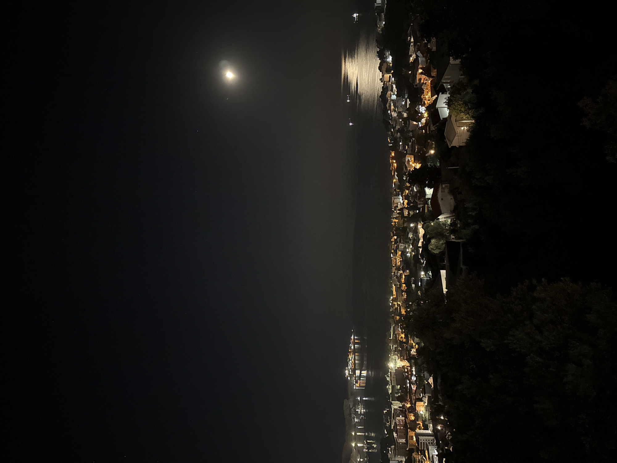 The image shows an elevated night view in Šušanj, Montenegro. In the sky, a full moon and one other star are visible. Below, the dark Adriatic sea reflects the moonlight in a vertical line of brightness. The coastline is lit by the warm lights of Šušanj's buildings. The nearest area is obscured by trees.
